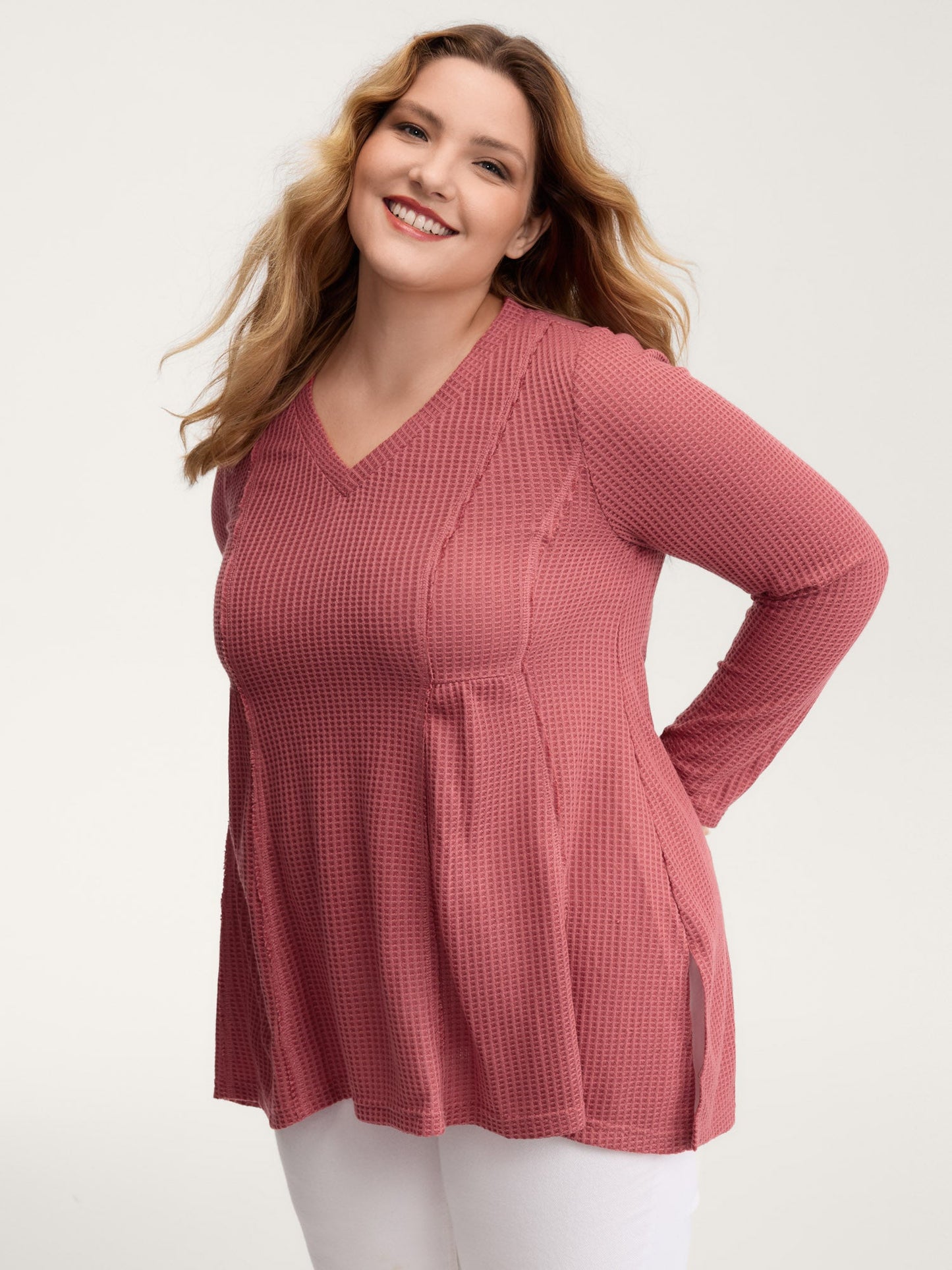 Waffle Grid Side Slit Flared T-Shirt