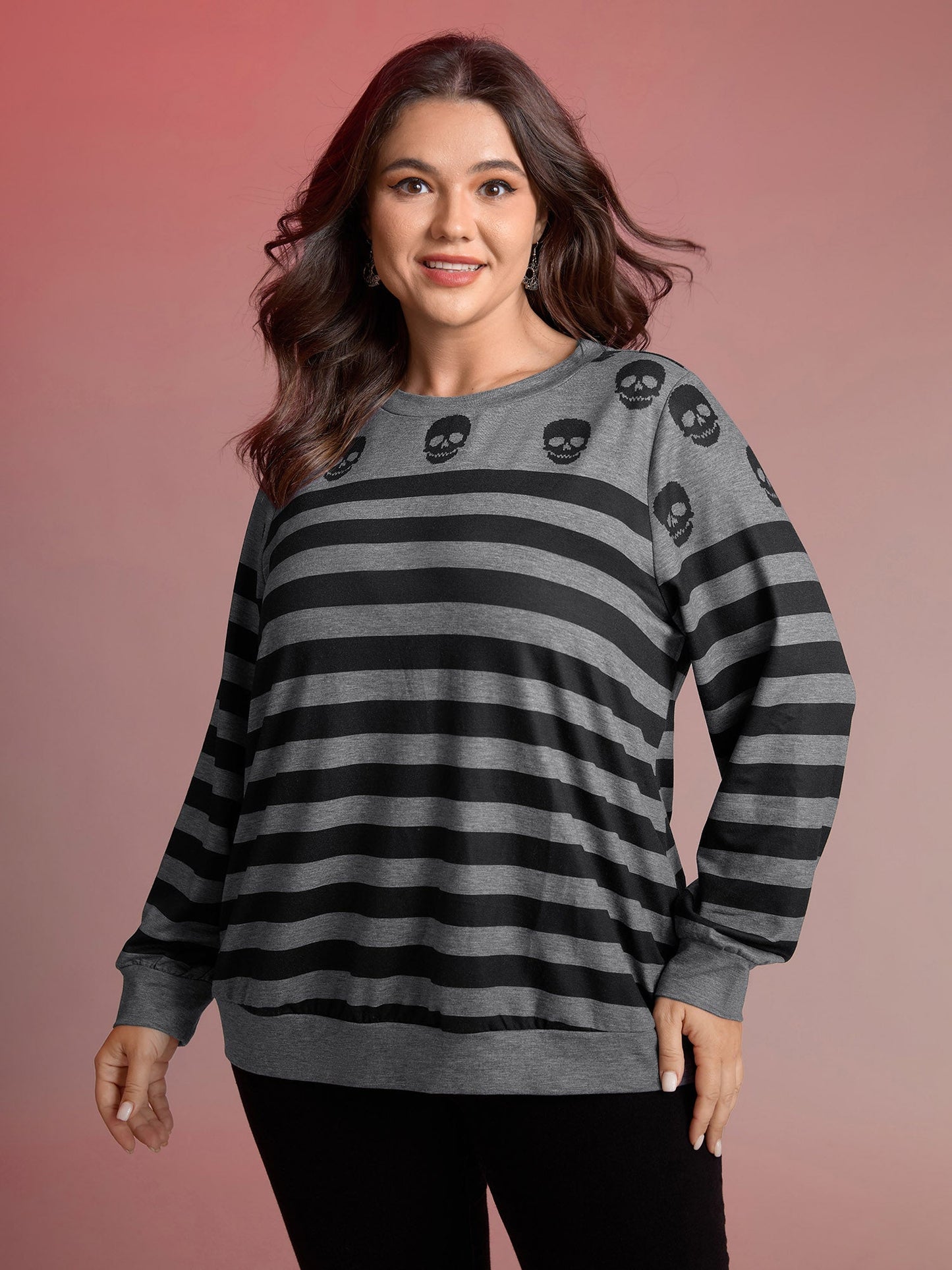 Skull Stripe Print Crewneck Sweatshirt
