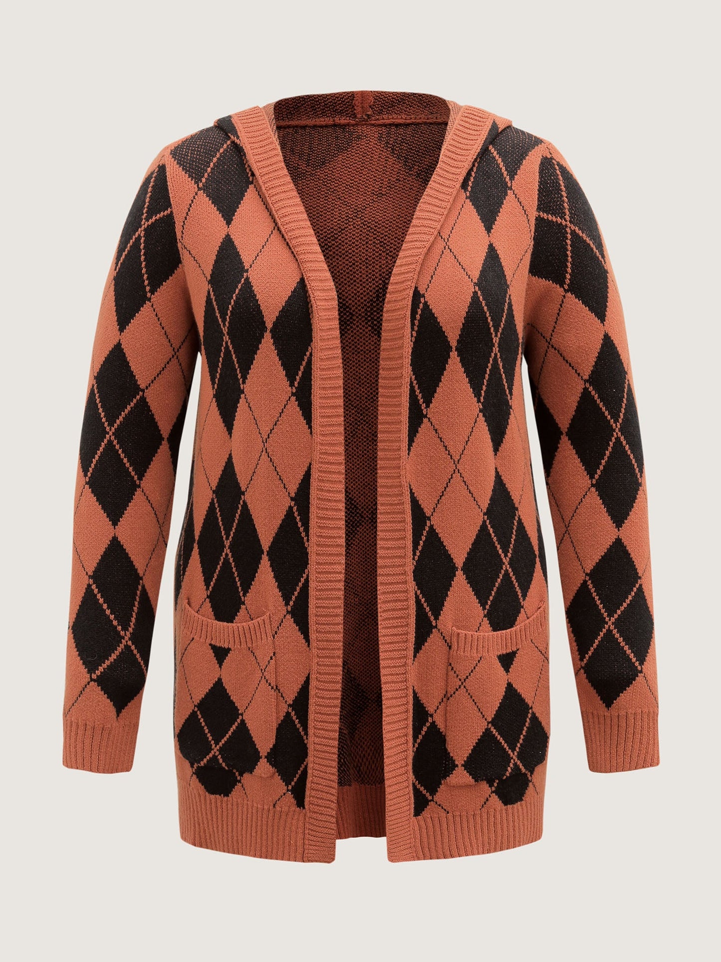 Checkered Jacquard Hooded Pockets Knit Cardigan