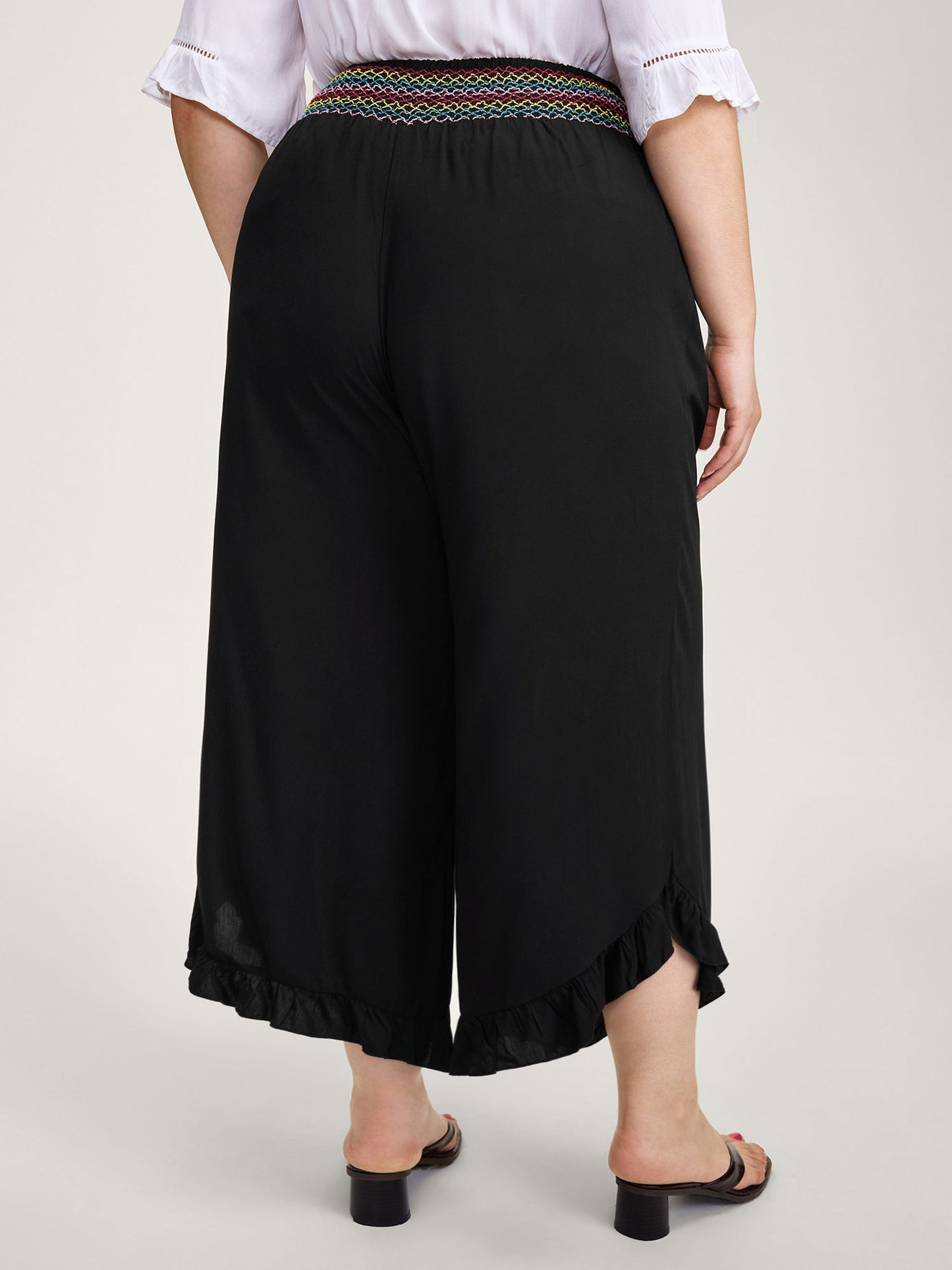 Colorful Shirred Waistband Ruffled Hem Pants