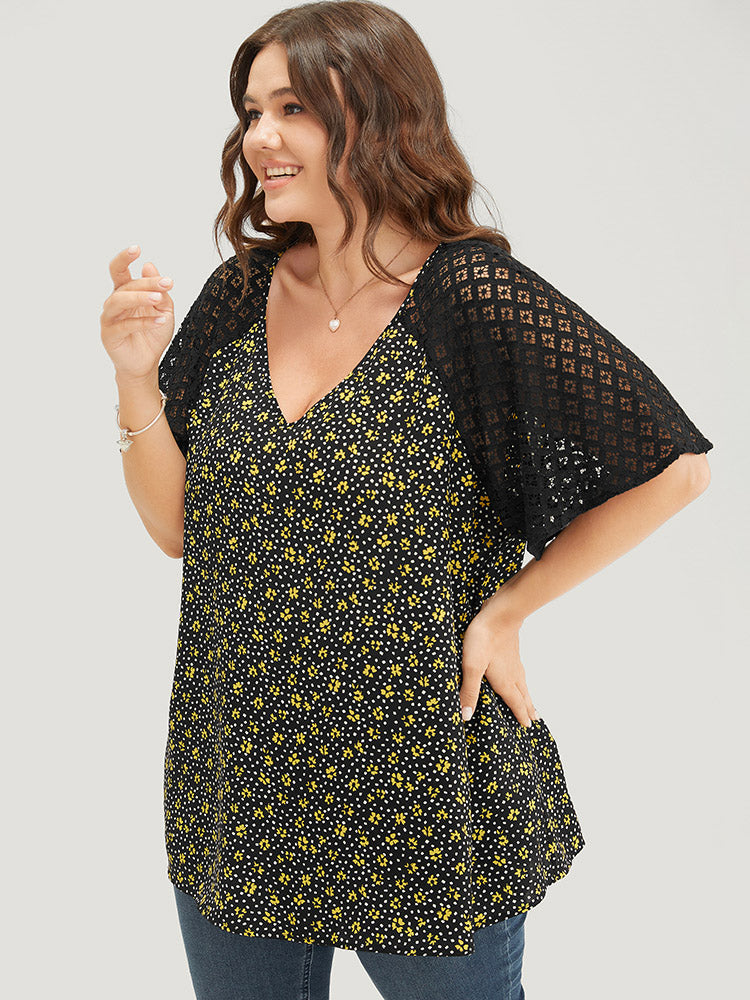 Ditsy Floral Lace Raglan Sleeve Blouse