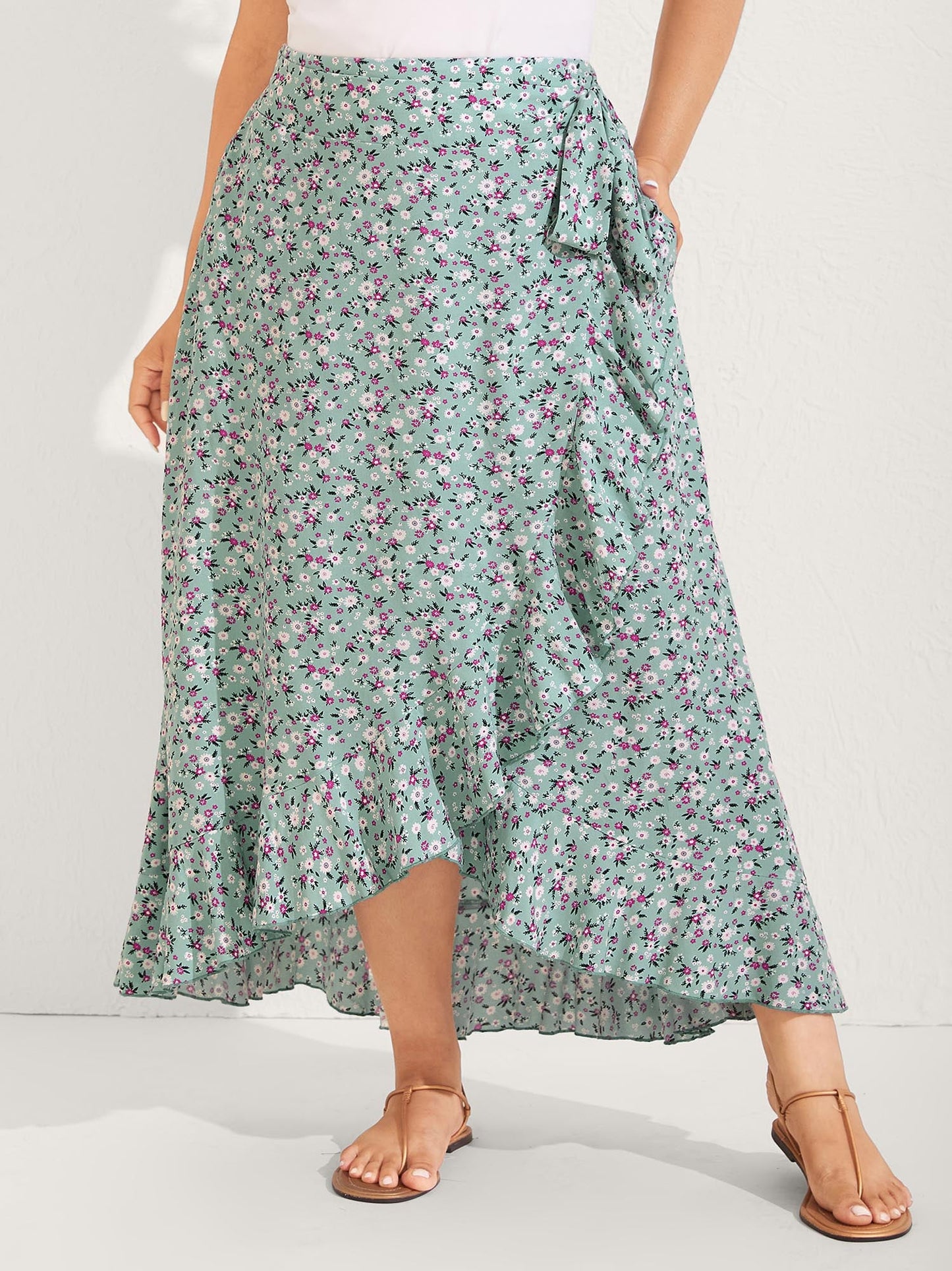 Rayon Ditsy Floral Print Side-Tie Maxi Skirt