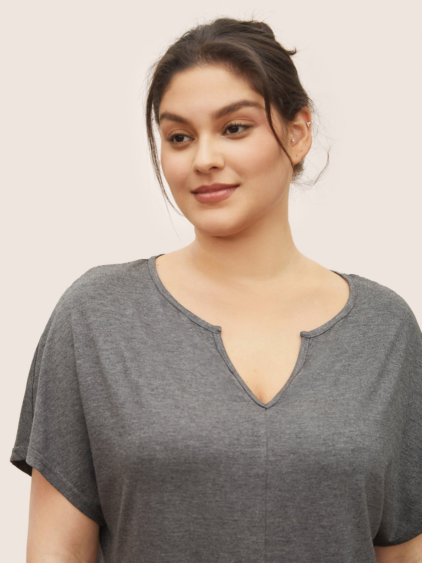 Plain Arc Hem Notched Dolman Sleeve Sleep Top