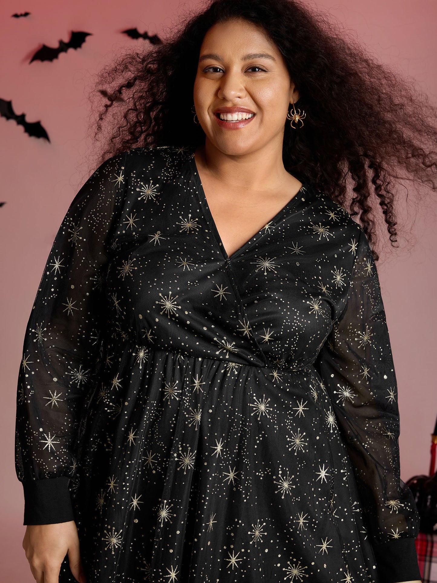 Star Moon Mesh Cinched-Waist Midi Dress