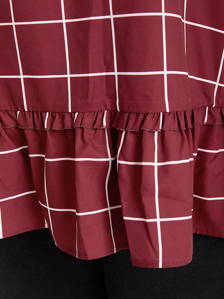 Plaid Frill Trim Bell Sleeve Flutter Hem Blouse