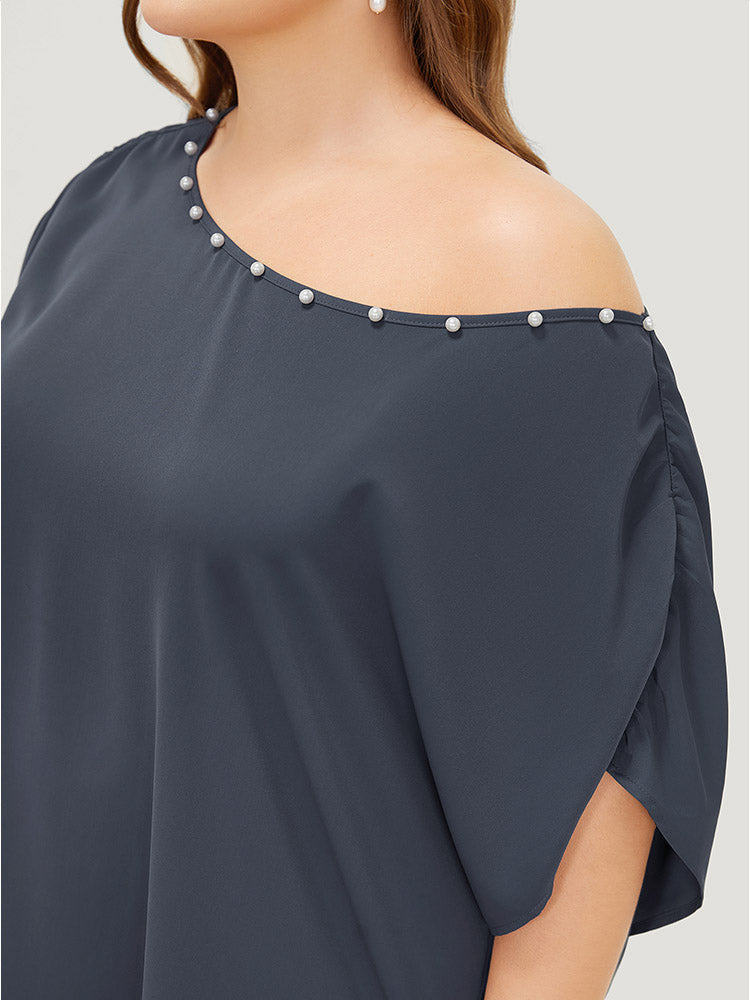 Solid Pearl Beaded Ruched Sleeve Blouse