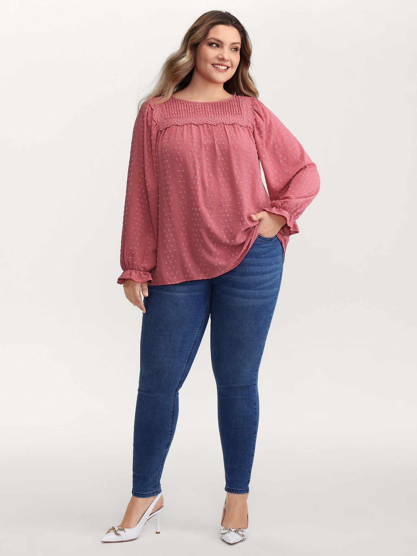 Lace Trim Pleated Textured Blouse