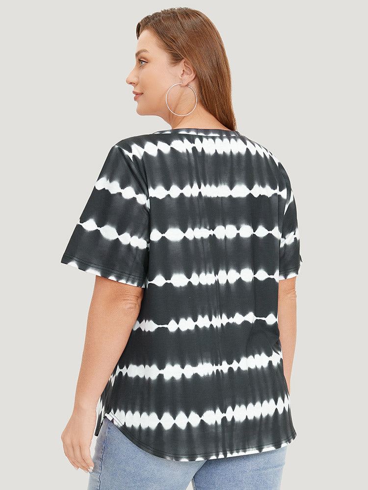 Striped Tie Dye Curved Hem T-shirt
