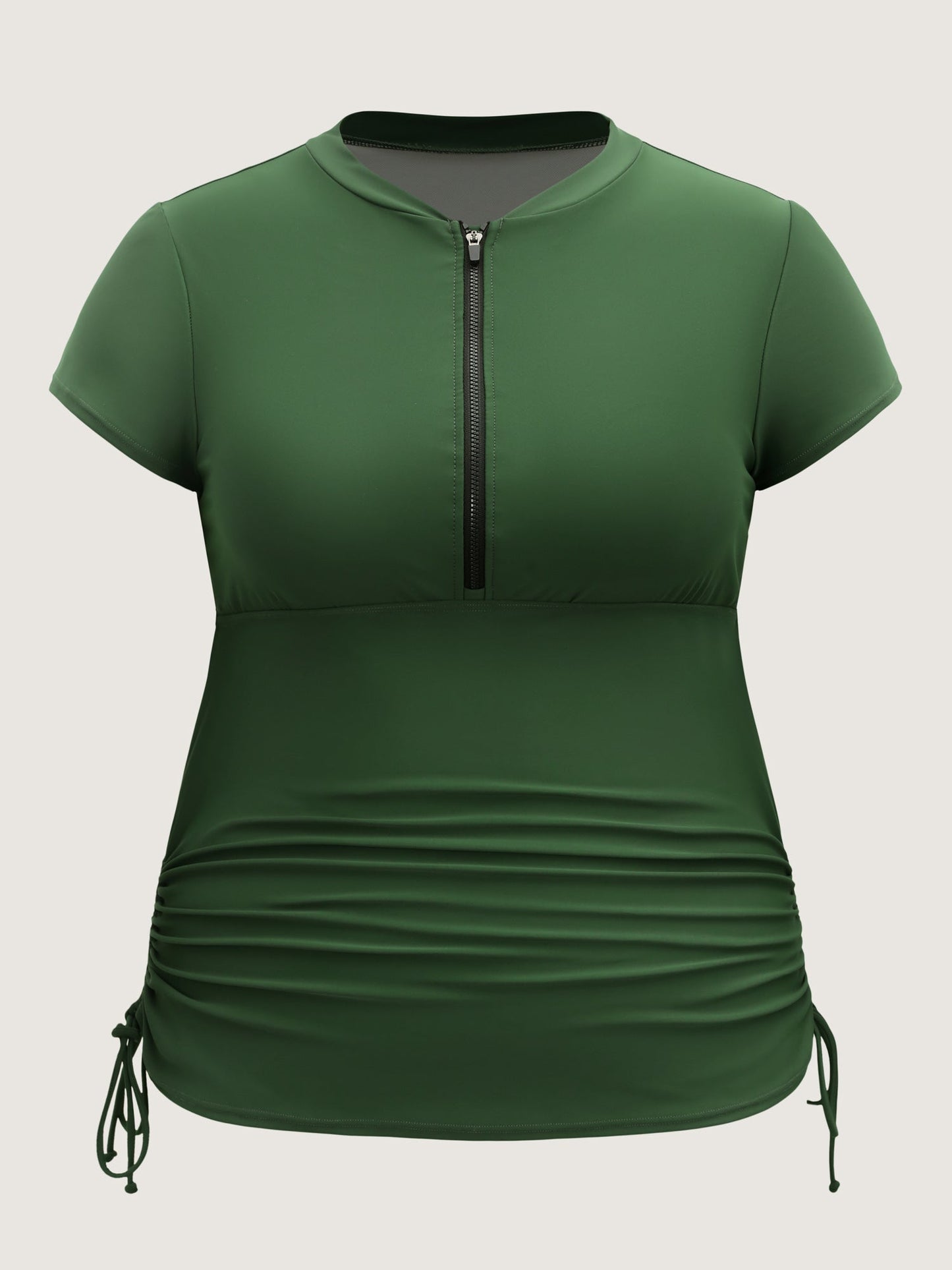 Zipper Drawstring Detail Solid Swim Top