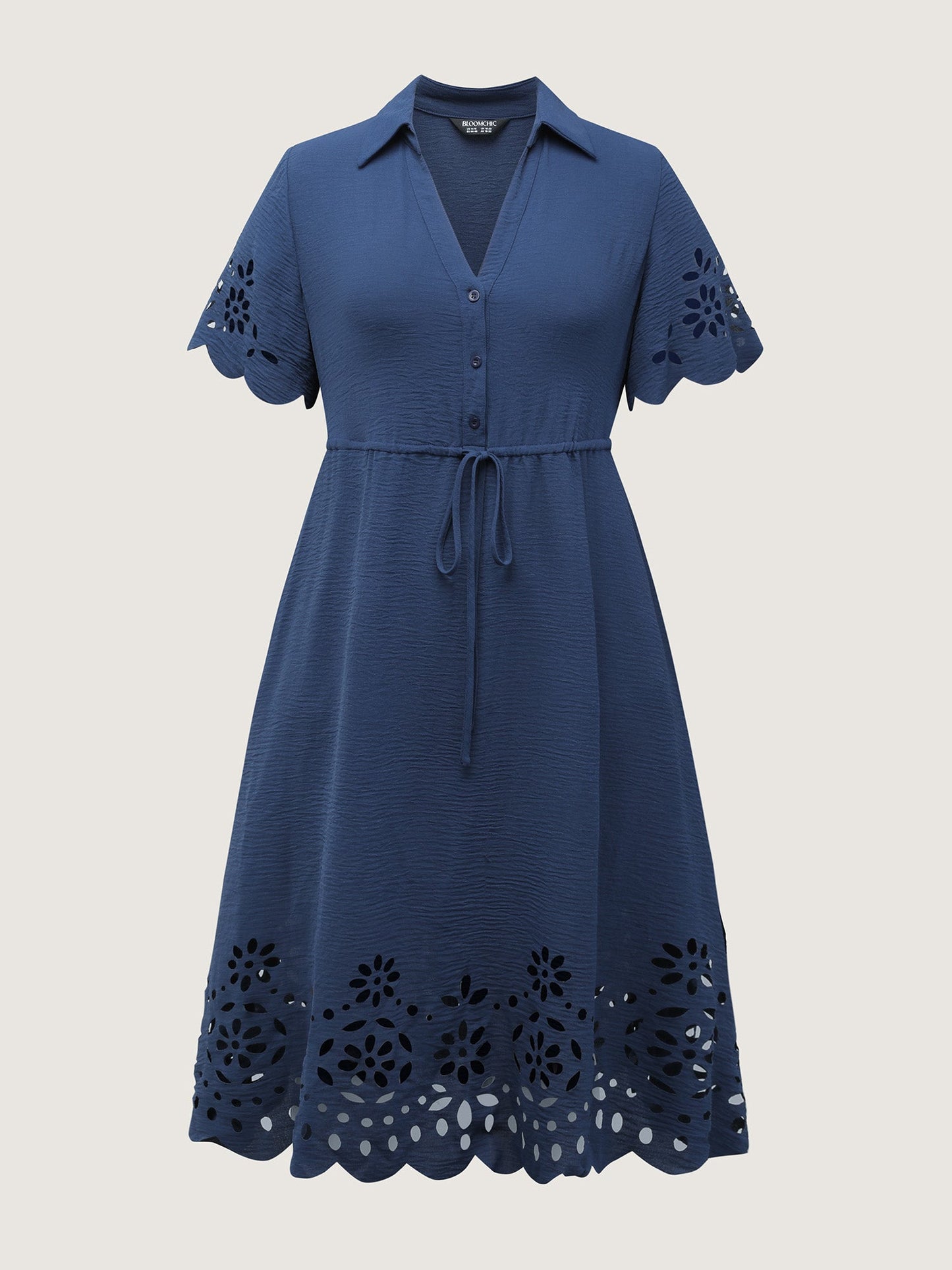 Laser Cut Scalloped Hem Waist-Tie Midi Dress