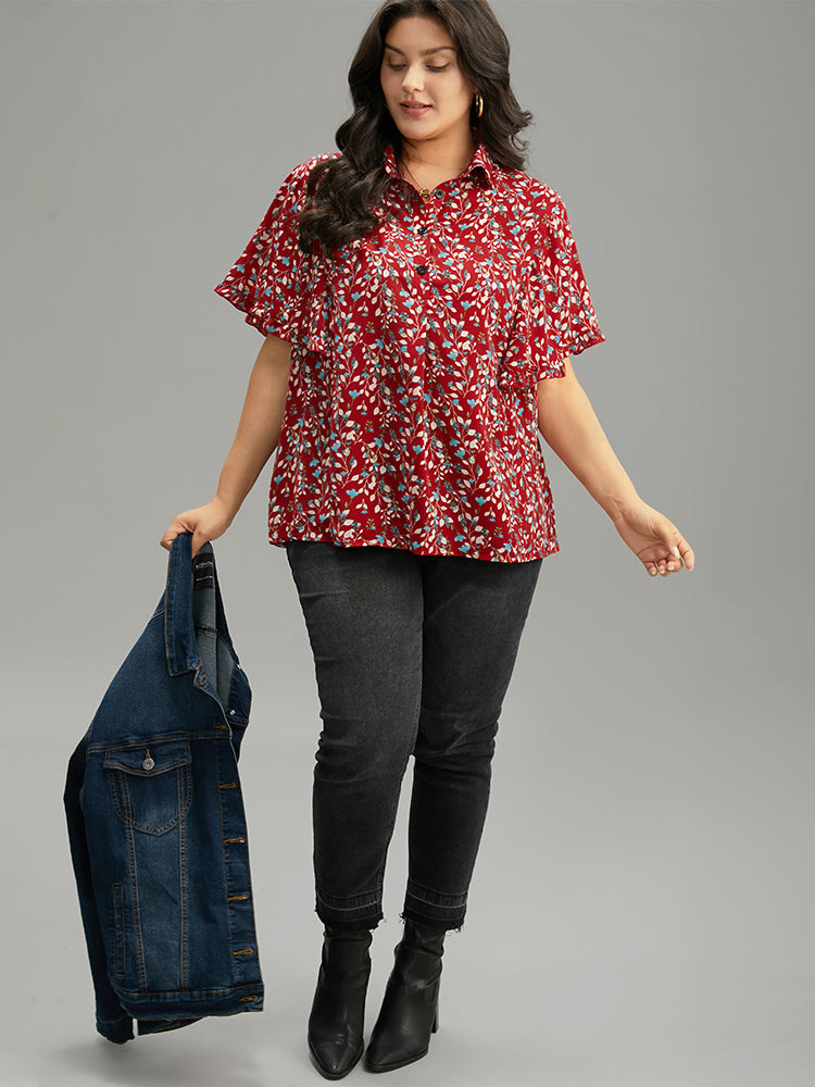 Ditsy Floral Shirt Collar Button Through Ruffle Sleeve Blouse