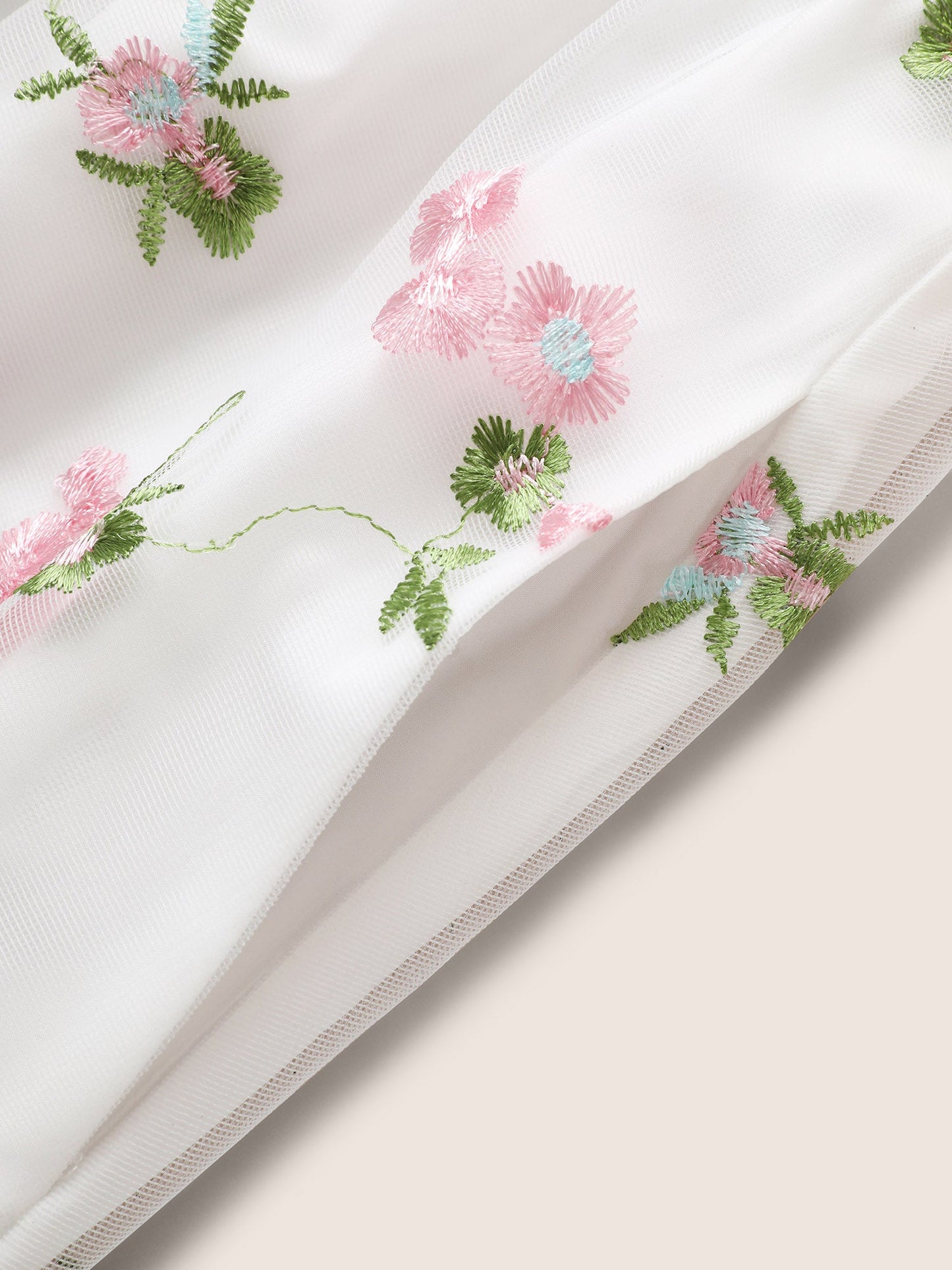 Overlap Collar Mesh Floral Embroidered Tiered Ruffles Dress