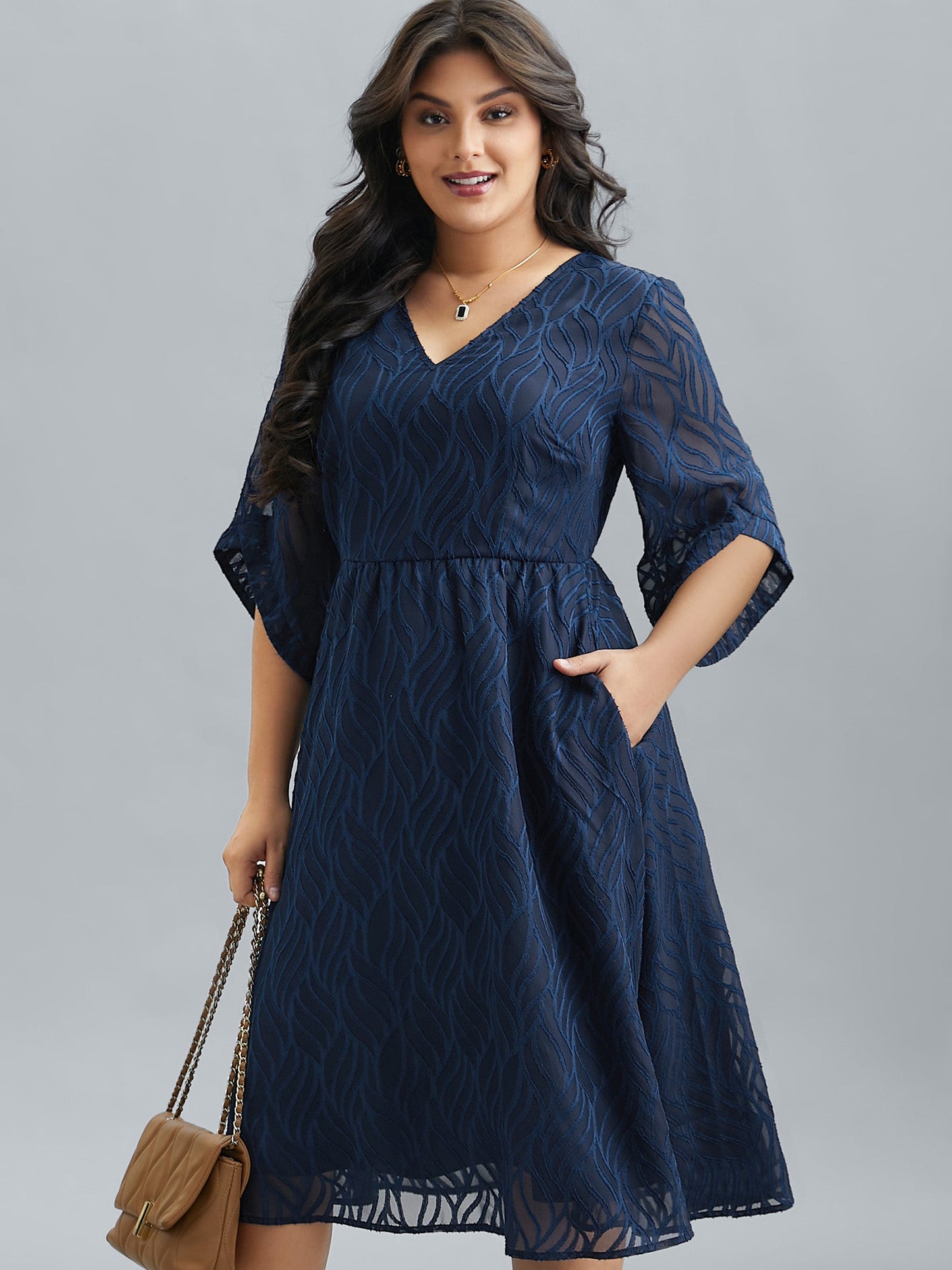 Chiffon Textured Sheer Sleeve Midi Dress