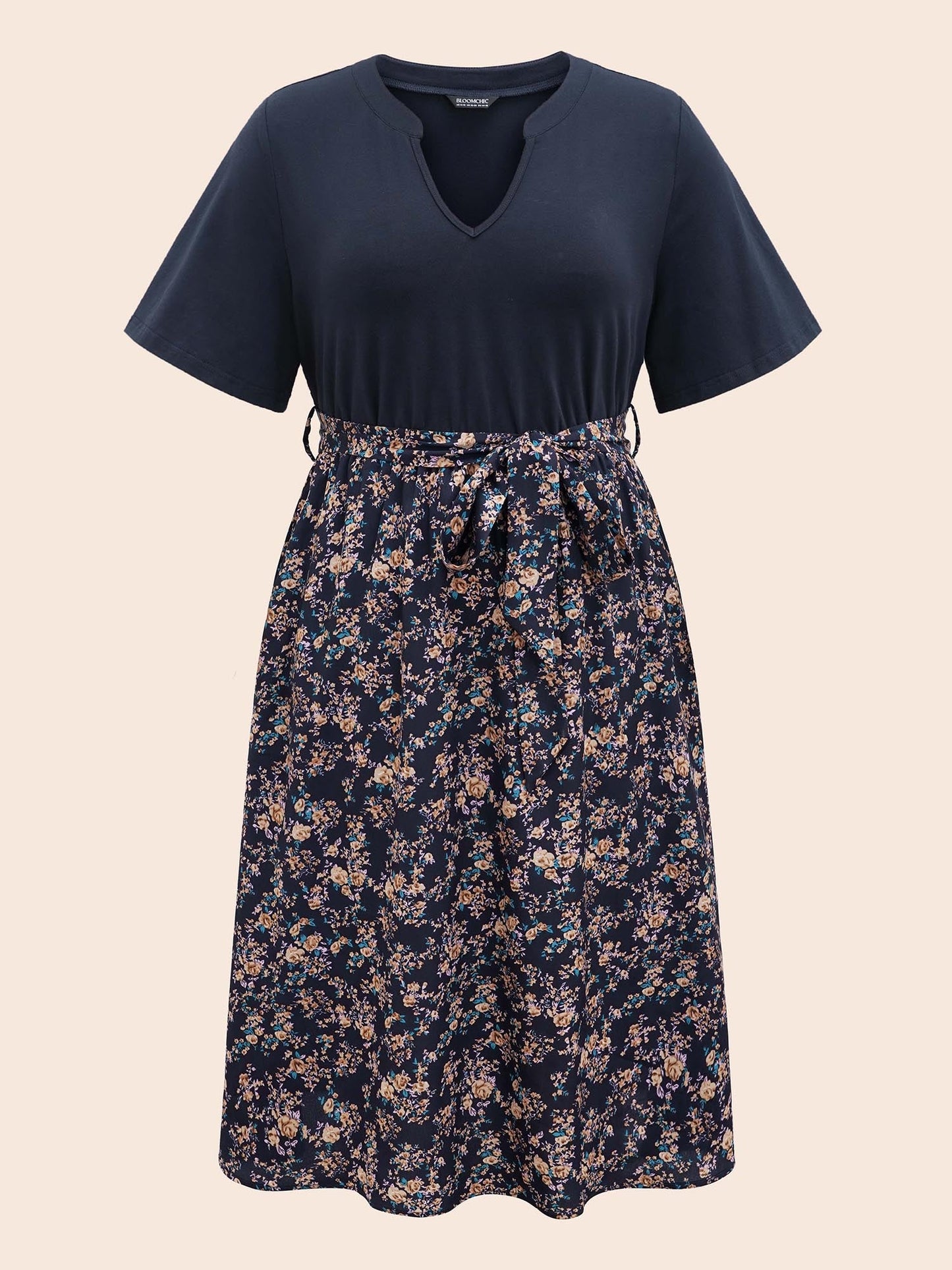 Notched Collar Floral Patchwork Belted Dress