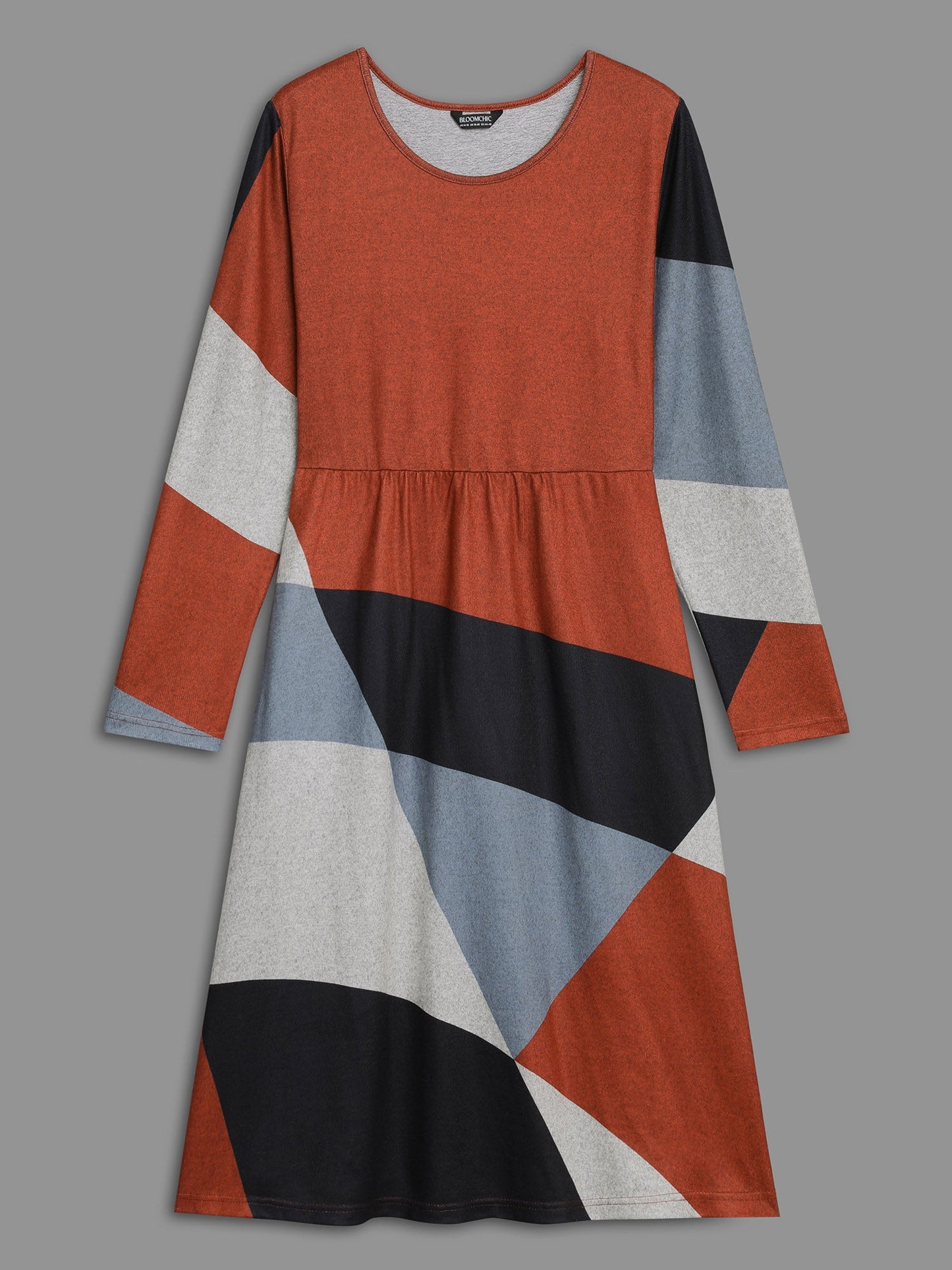 Round Neck Geometric Colorblock Contrast Dress