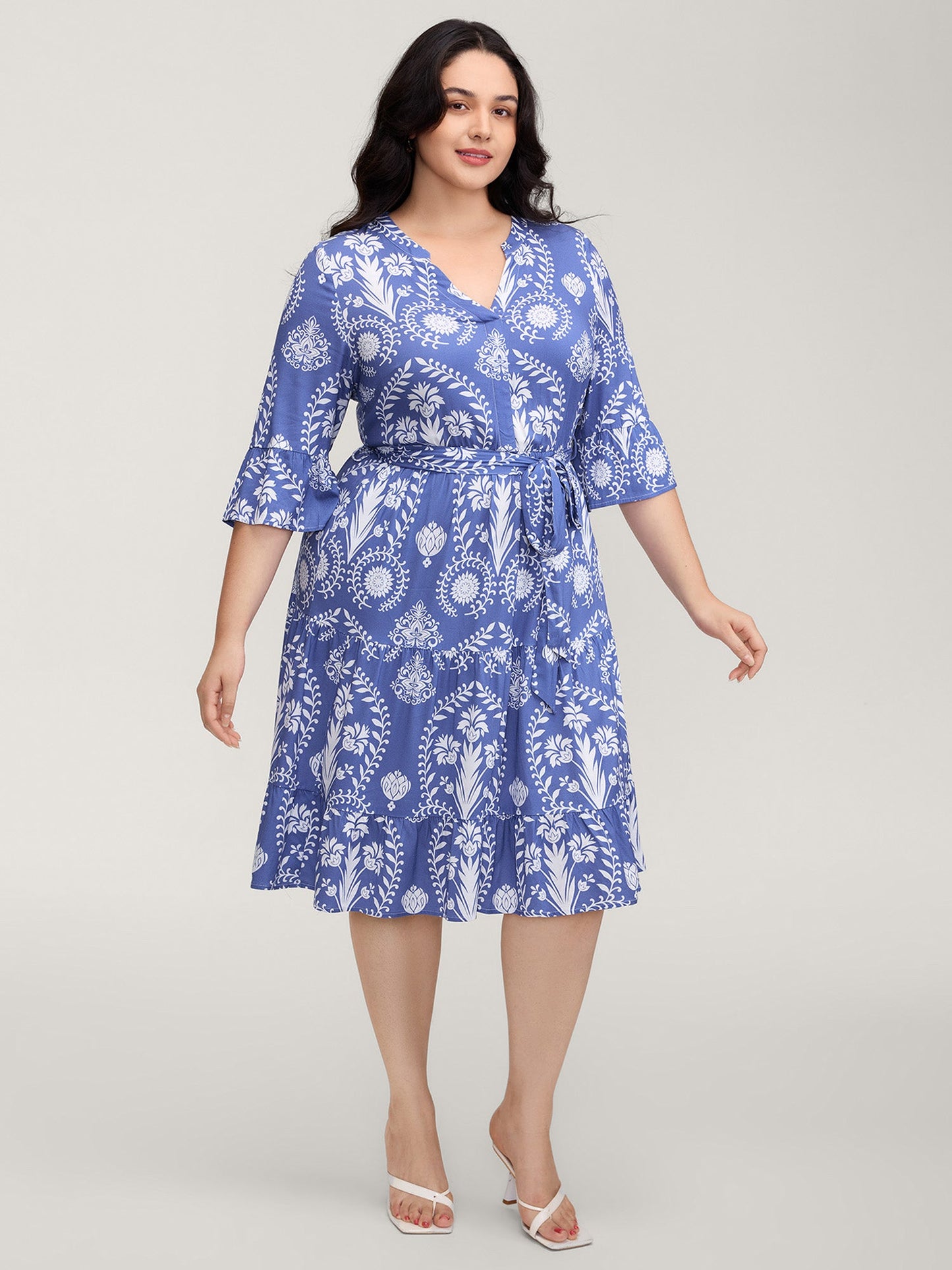 Boho Print Belted Side Pockets Midi Dress