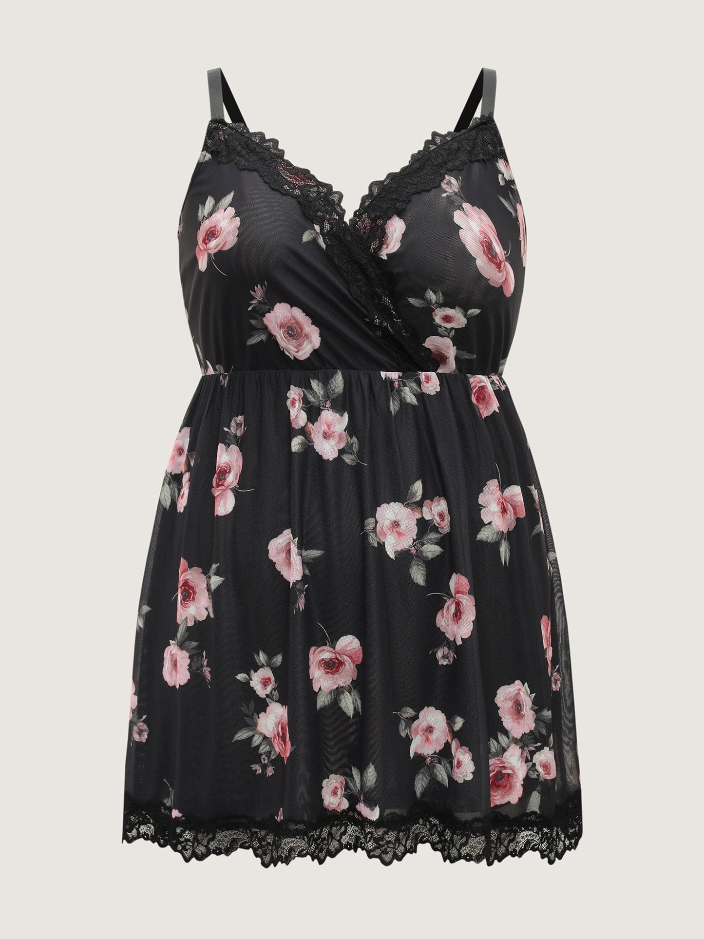 Rosy Print Lace Trim Deep V-Neck Sleep Dress