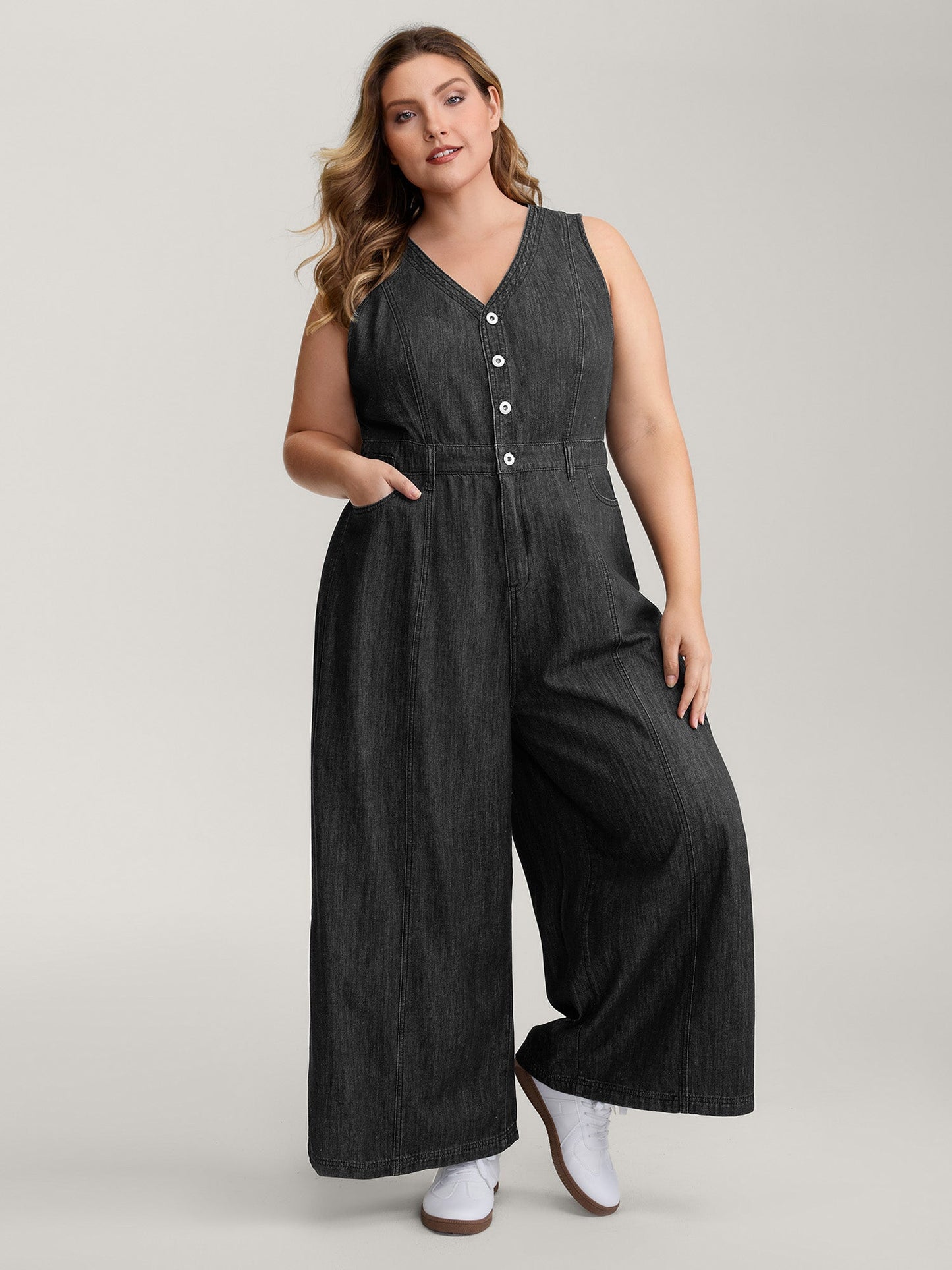 Button Placket Pockets Denim Jumpsuit