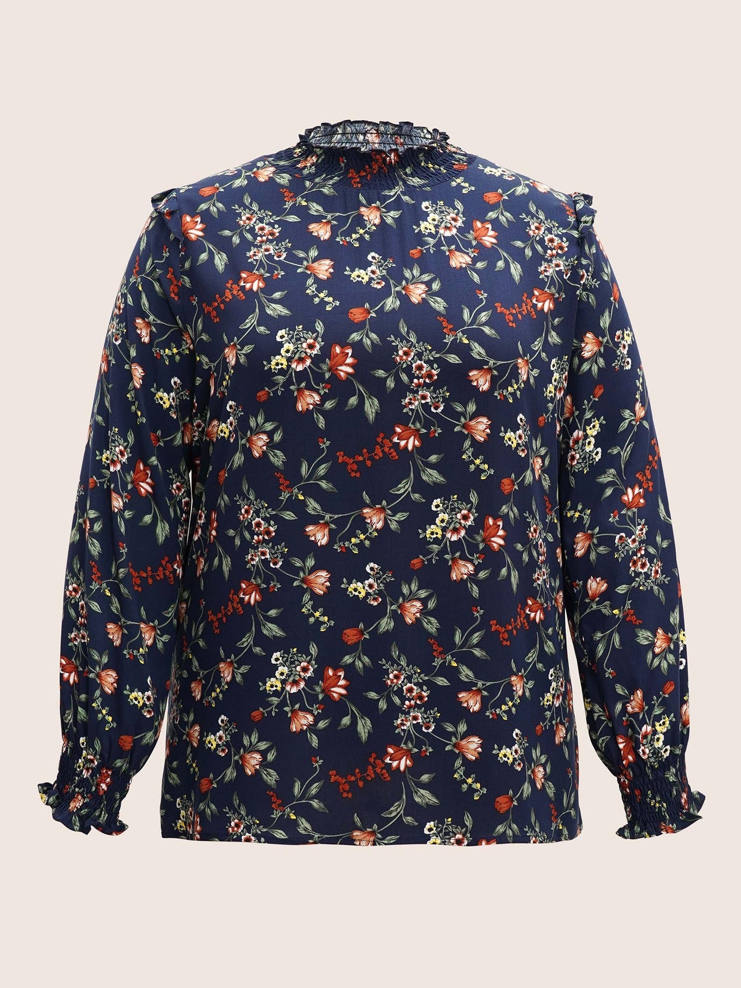 Floral Lantern Sleeve Shirred Mock Neck Blouse