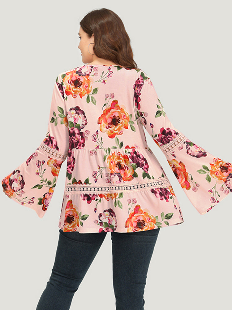 Floral Print Lace Panel Bell Sleeve T-shirt