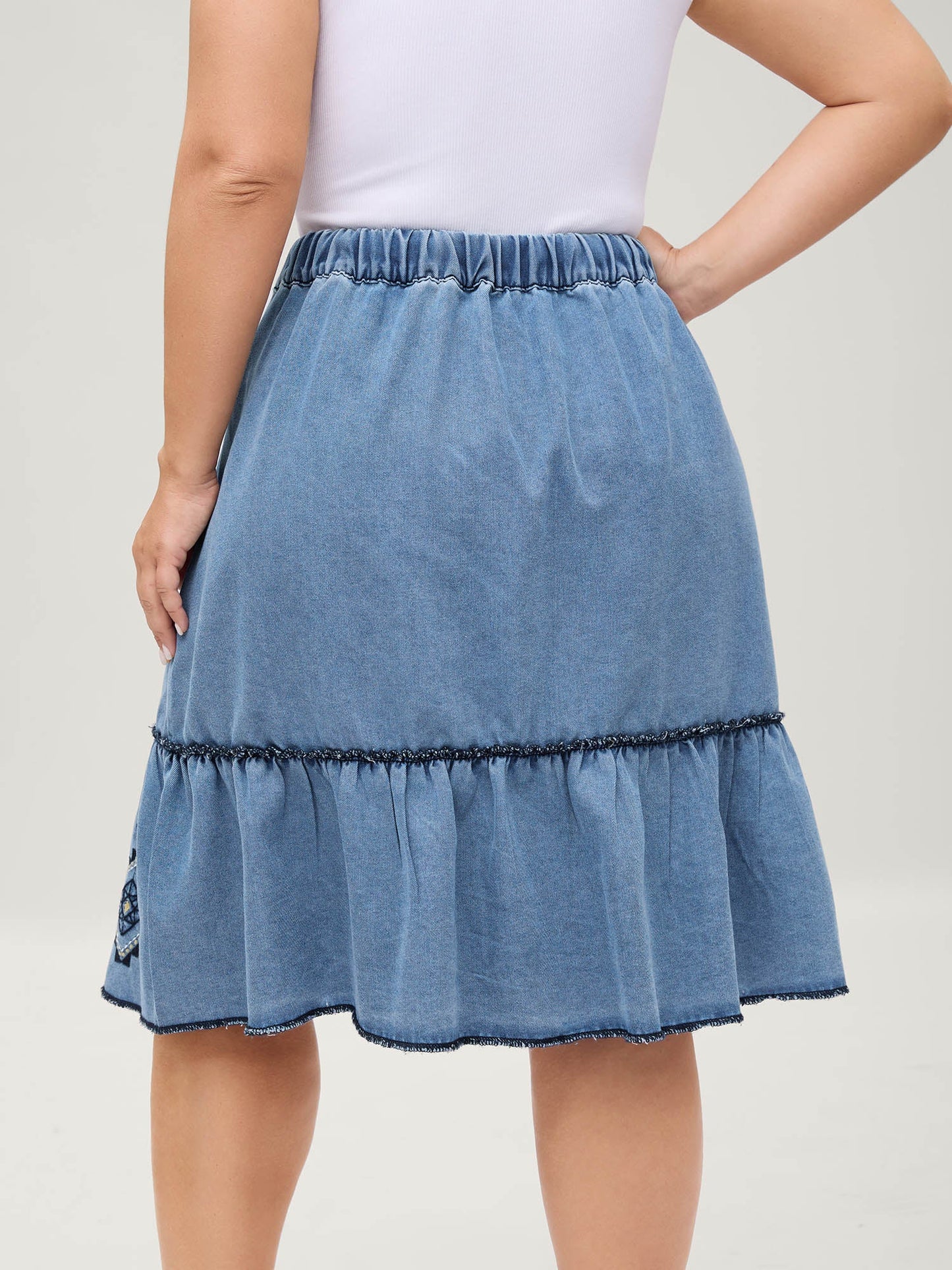 Boho Embroidery Ruffled Hem Denim Skirt
