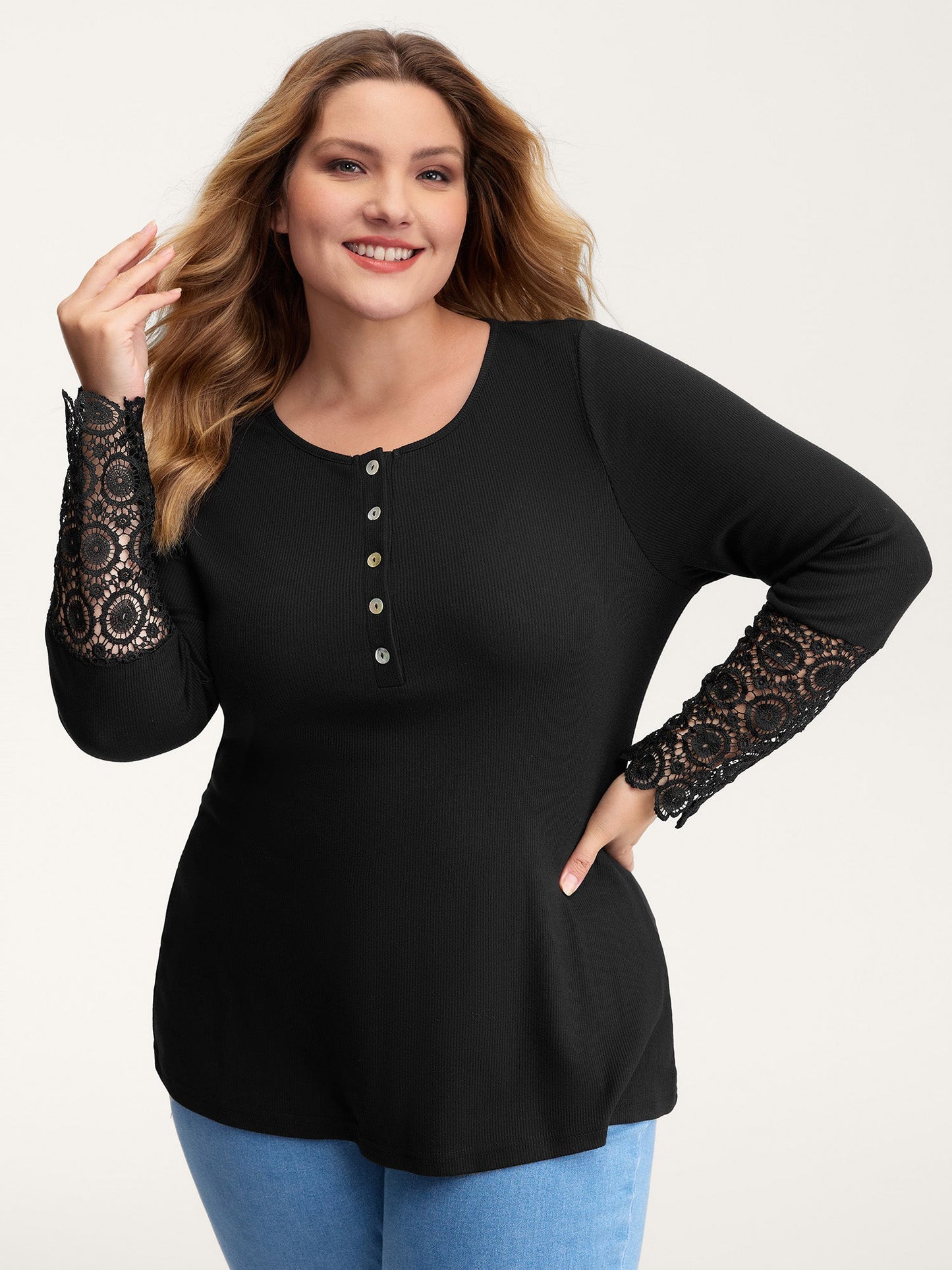Lace Sleeve Button Placket T-Shirt