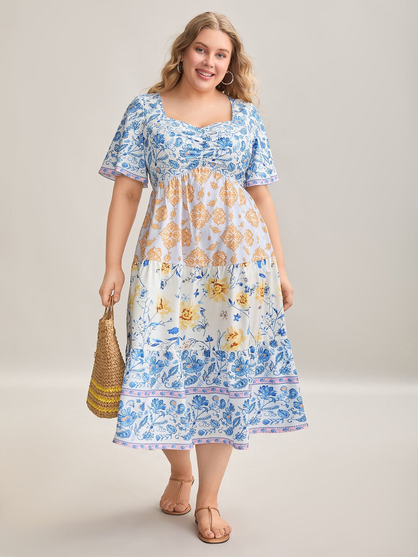 Contrast Print Ruched Tiered Midi Dress