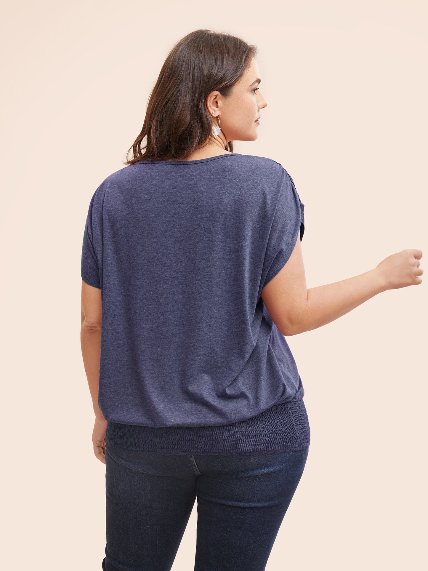 Solid Ruched Batwing Sleeve Shirred Hem T-shirt