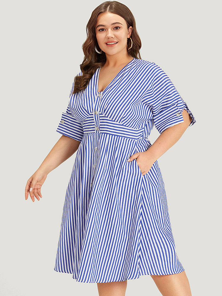 V Neck Striped Pocket Ruffle Hem Button Detail Dress