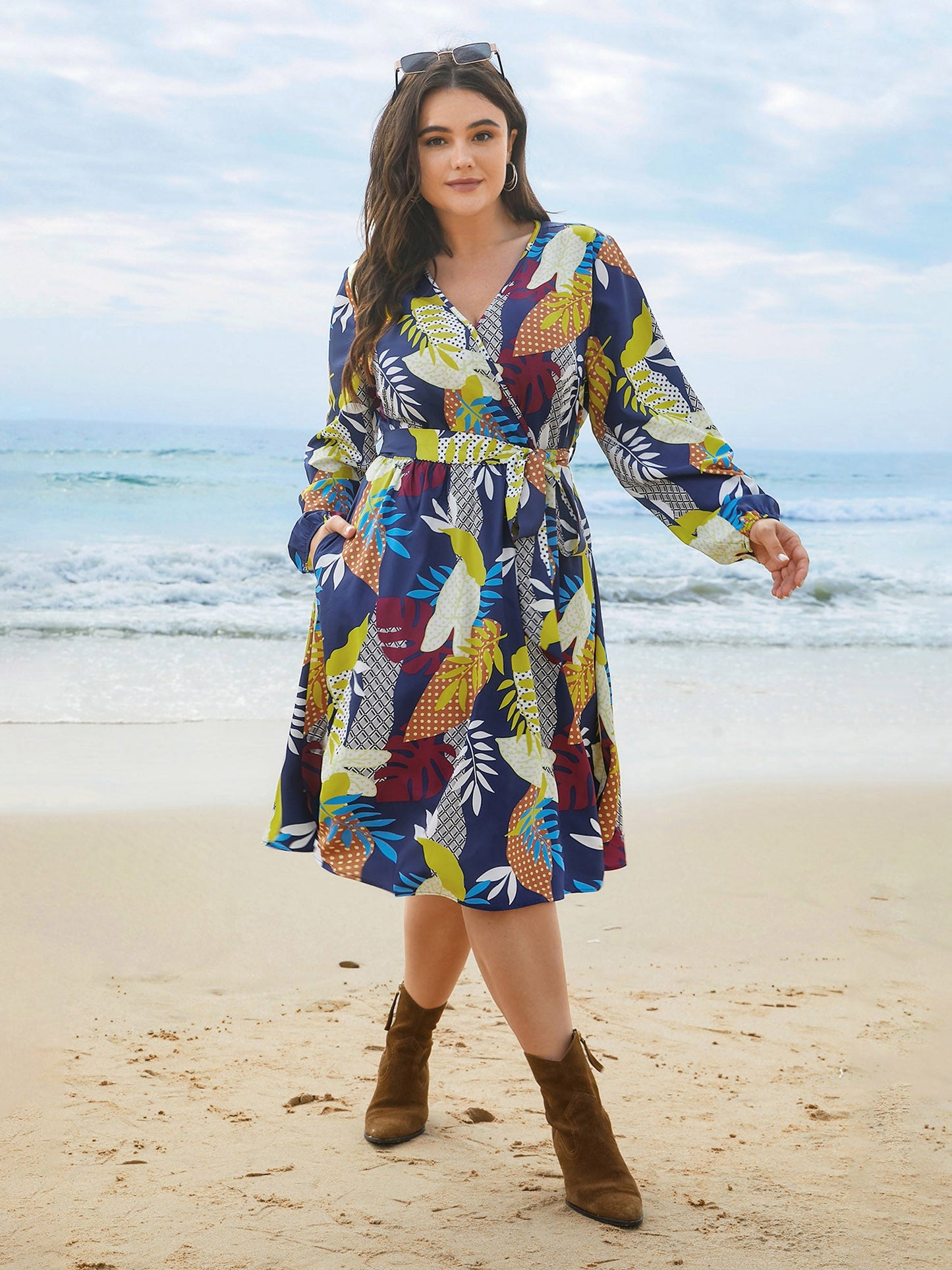 Surplice Neck Tropical Leaf Pockets Midi Dress