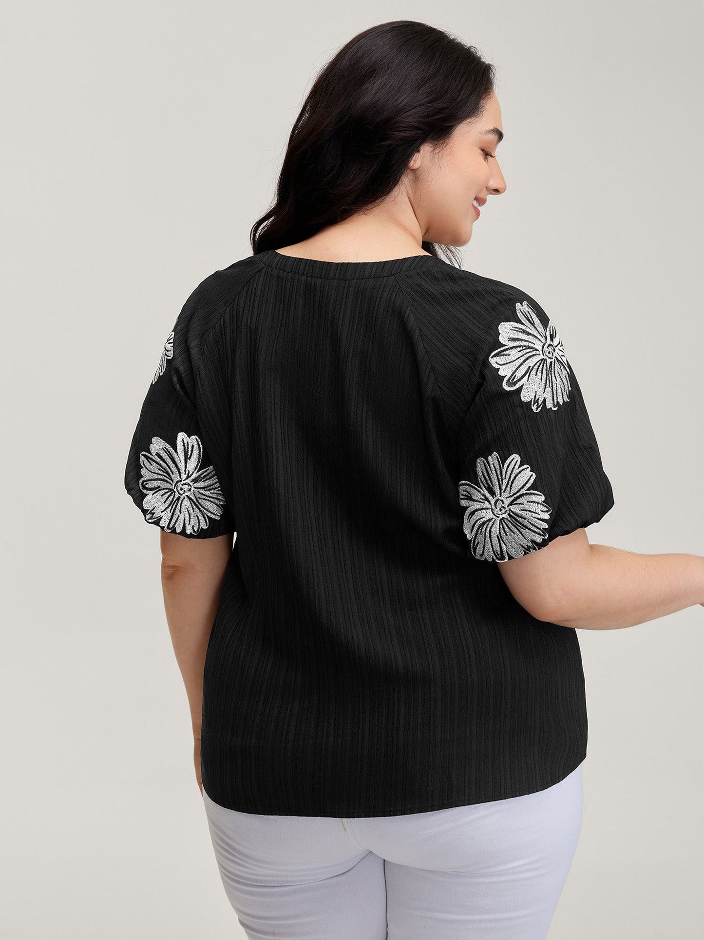 Textured Floral Embroidered Notched Collar Blouse
