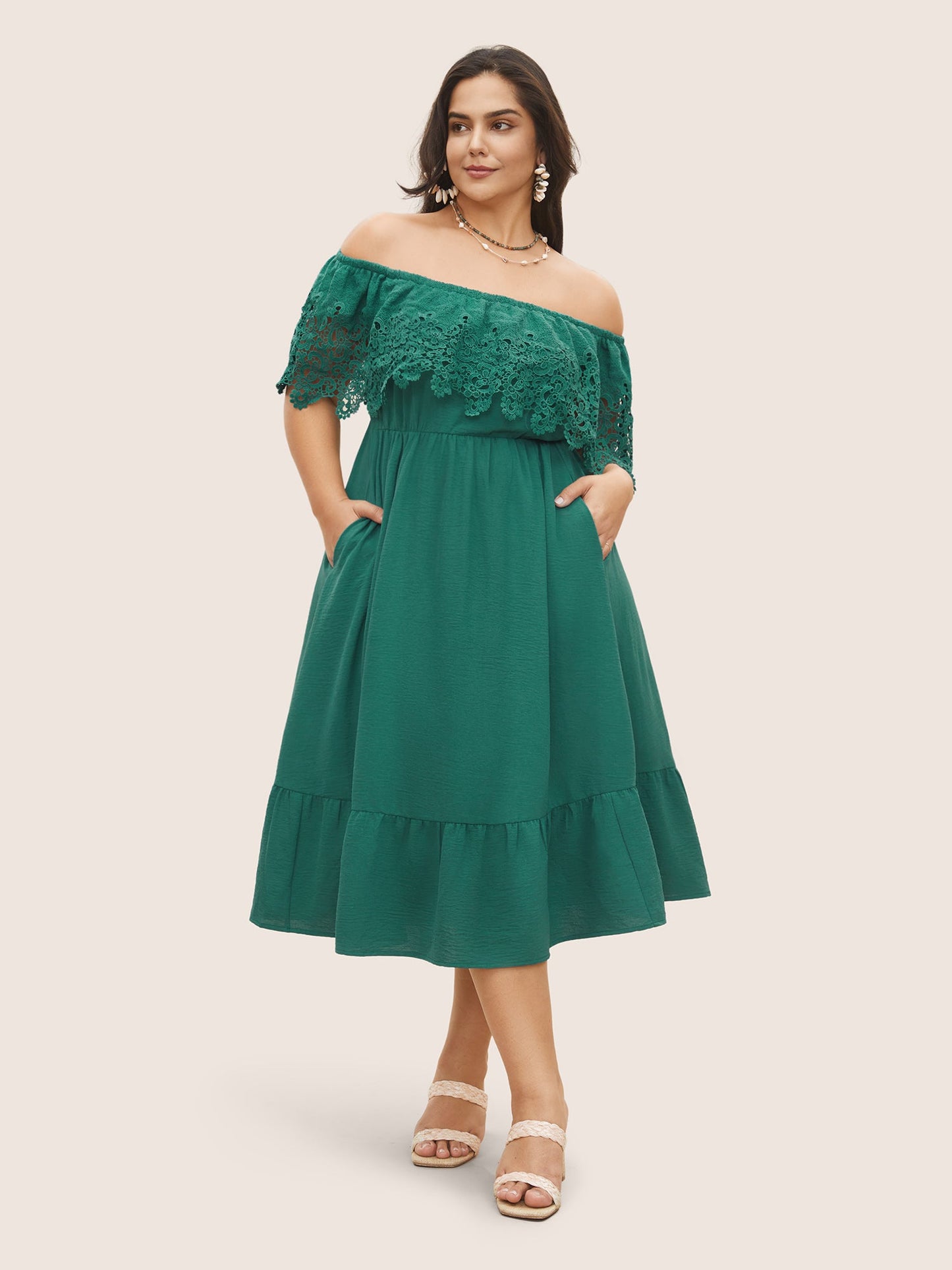 Guipure Lace Off Shoulder Flutter Hem Dress