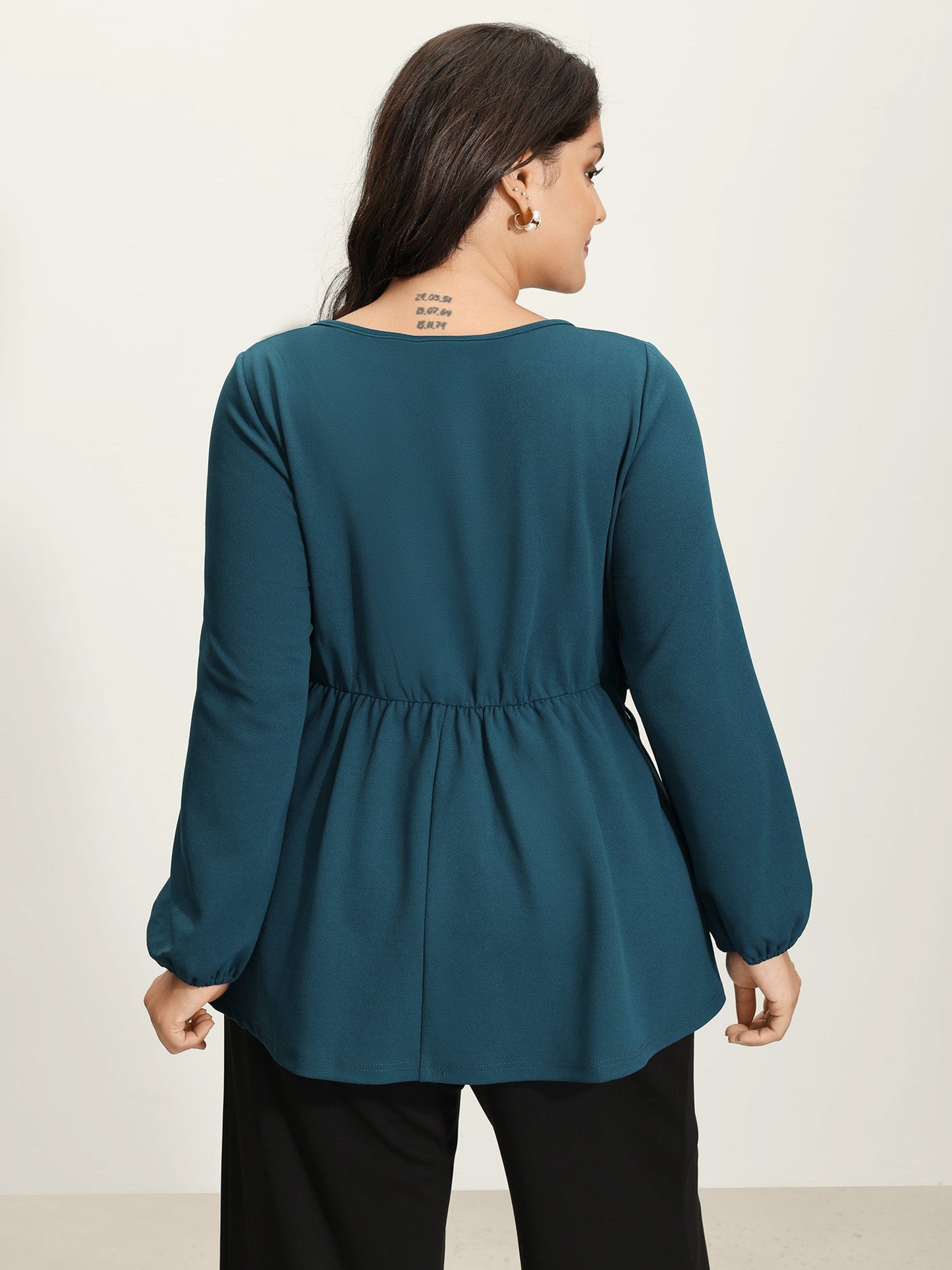 Cinched-Waist Cross-Tie Stretchy Blouse