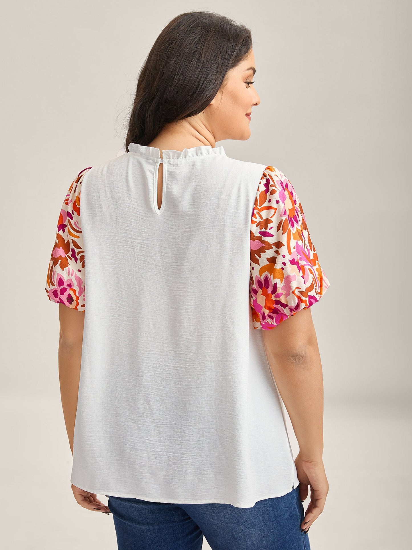 Floral Bubble Sleeve High-Neck Blouse