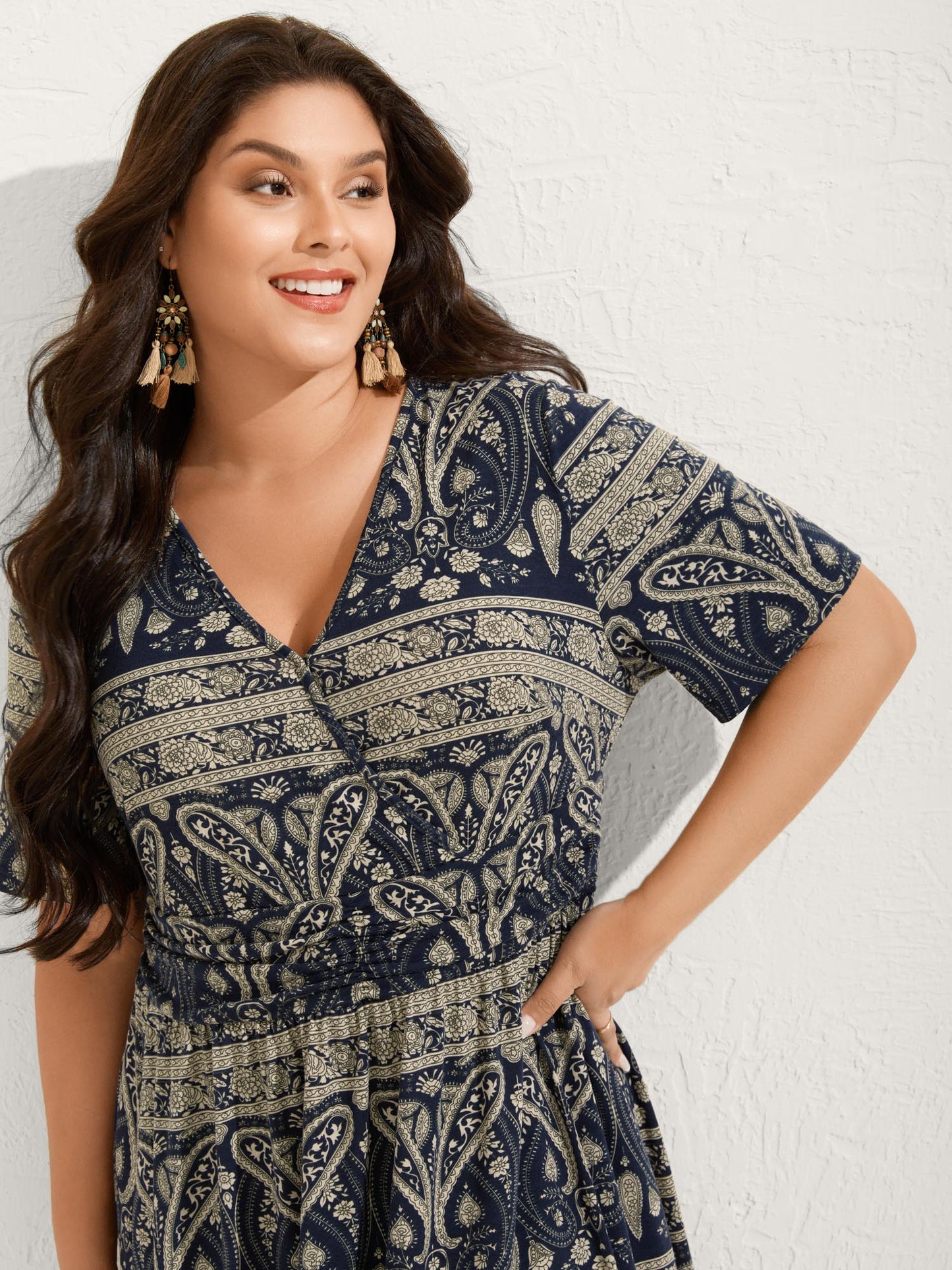 Paisley Stripe Print Pleated Waist Midi Dress