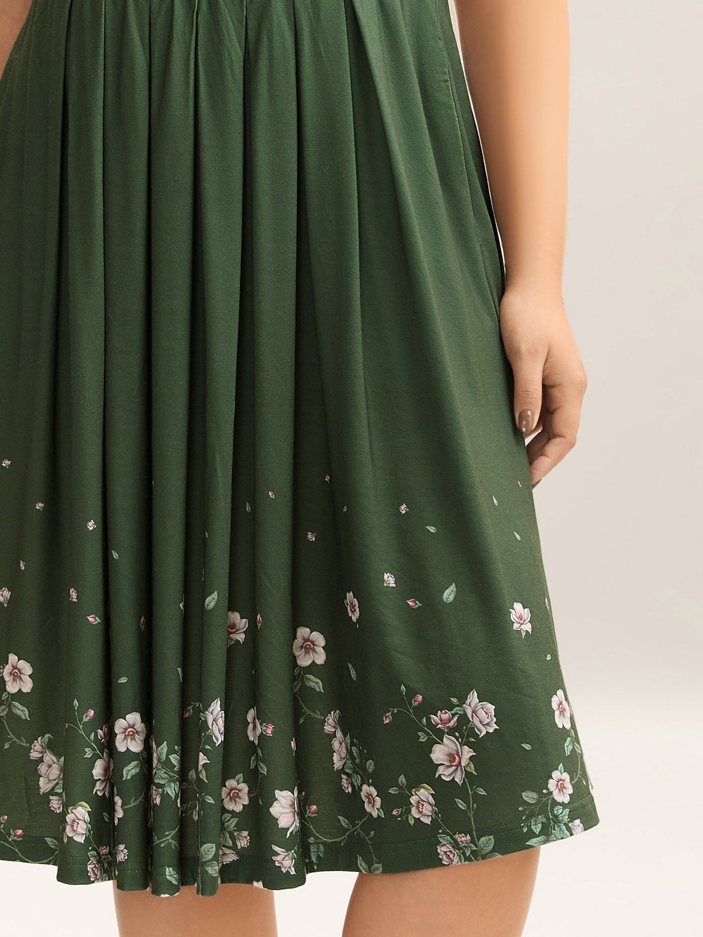 Floral Hem Print Cinched-Waist Midi Dress