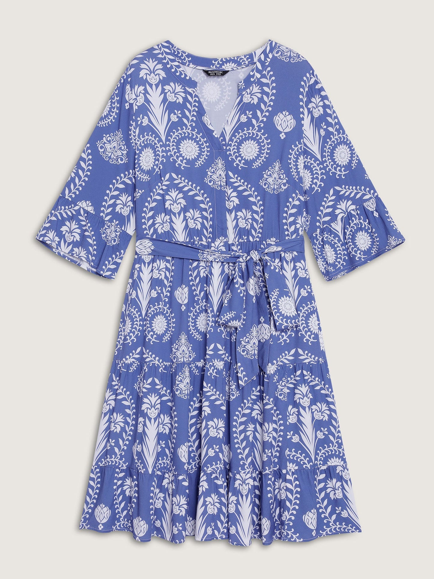 Boho Print Belted Side Pockets Midi Dress