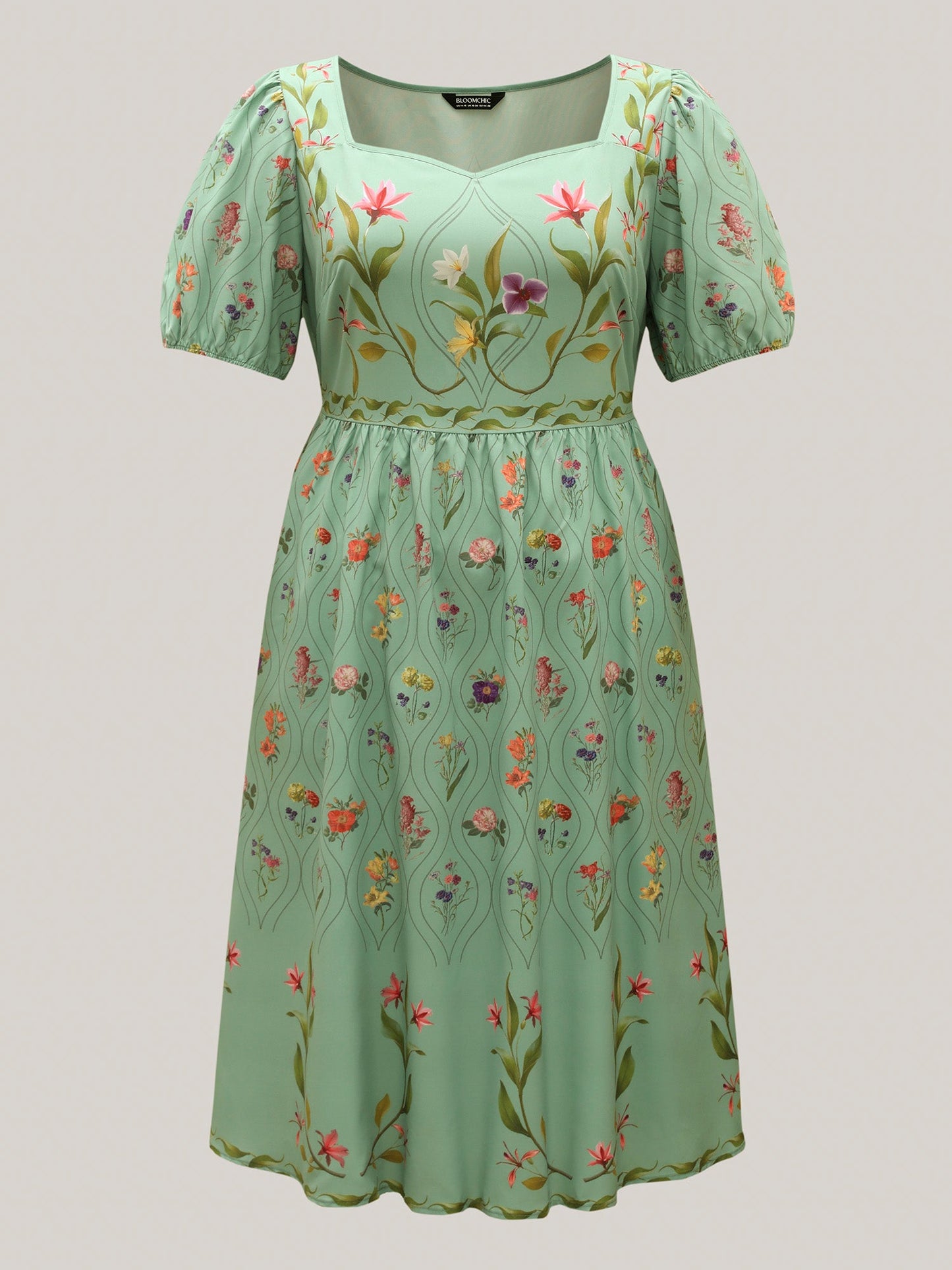 Garden Print Pockets Puff Sleeve Midi Dress