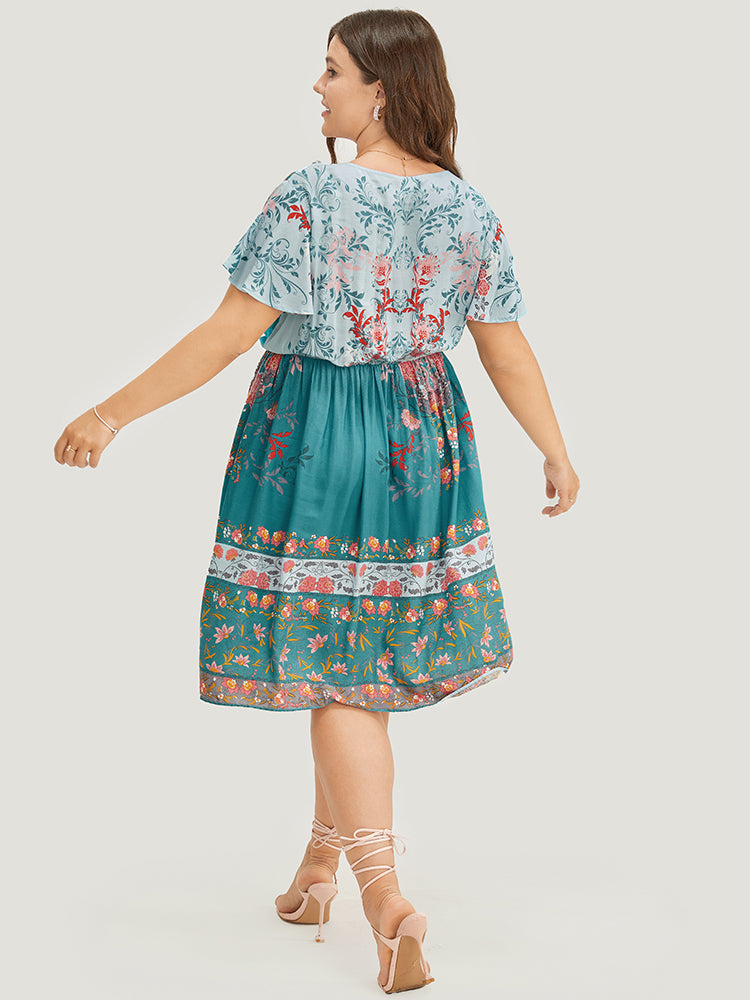 Bandana Print Ruffle Sleeve Pocket Tie Neck Tassels Dress