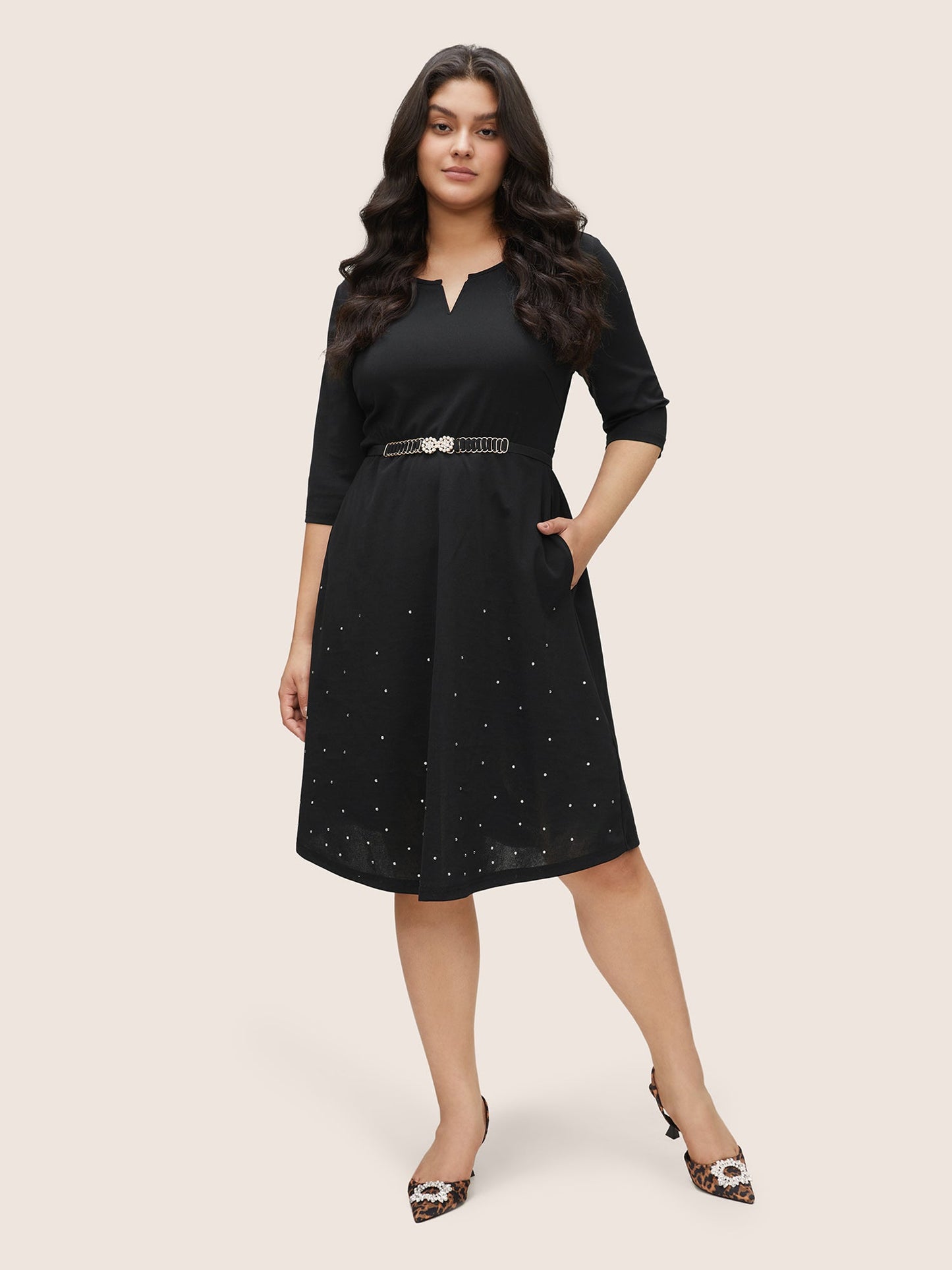 Rhinestone Notched Pocket Curved Hem Dress