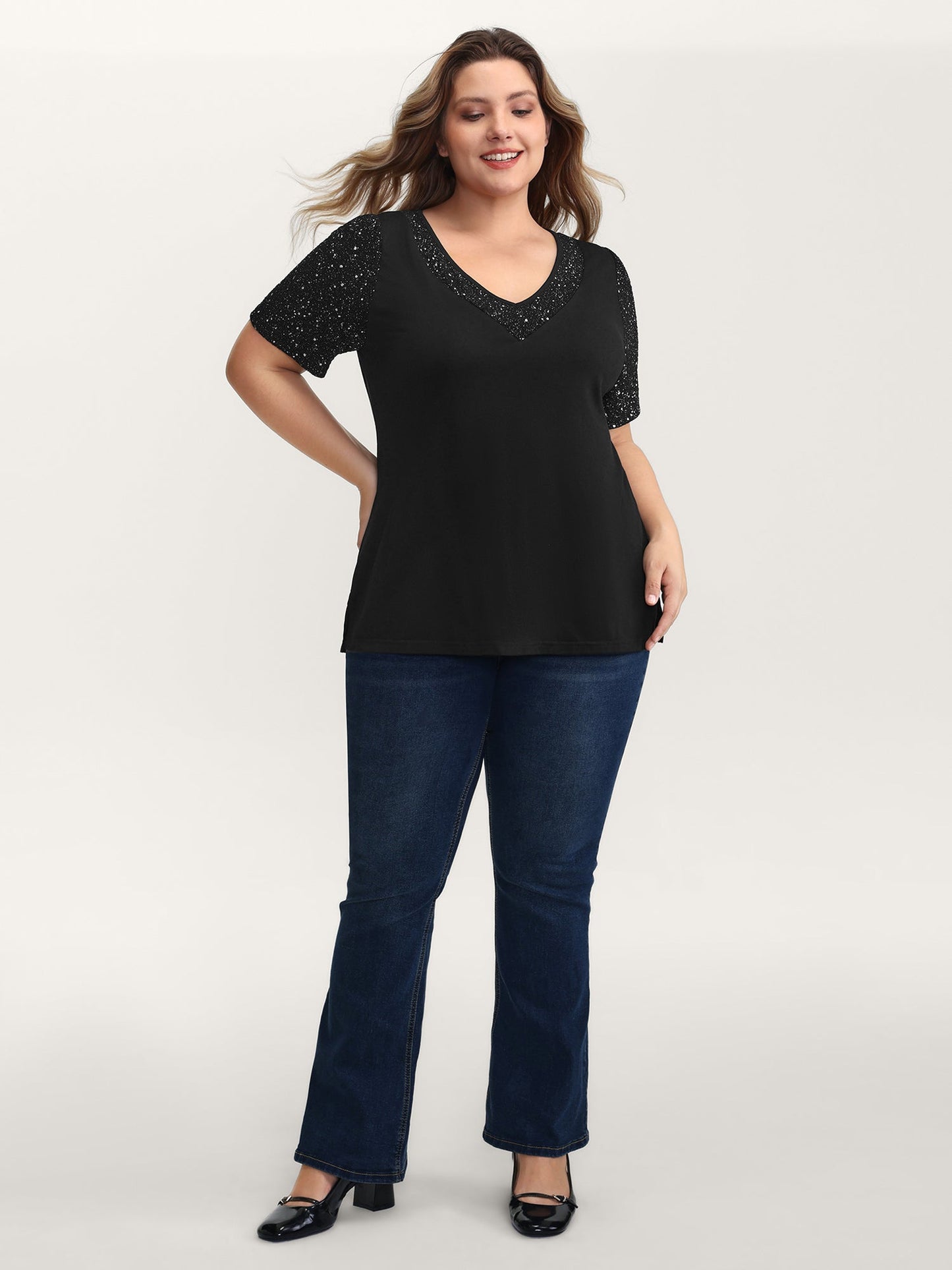 Shimmery Stretchy Spliced Fitted T-Shirt