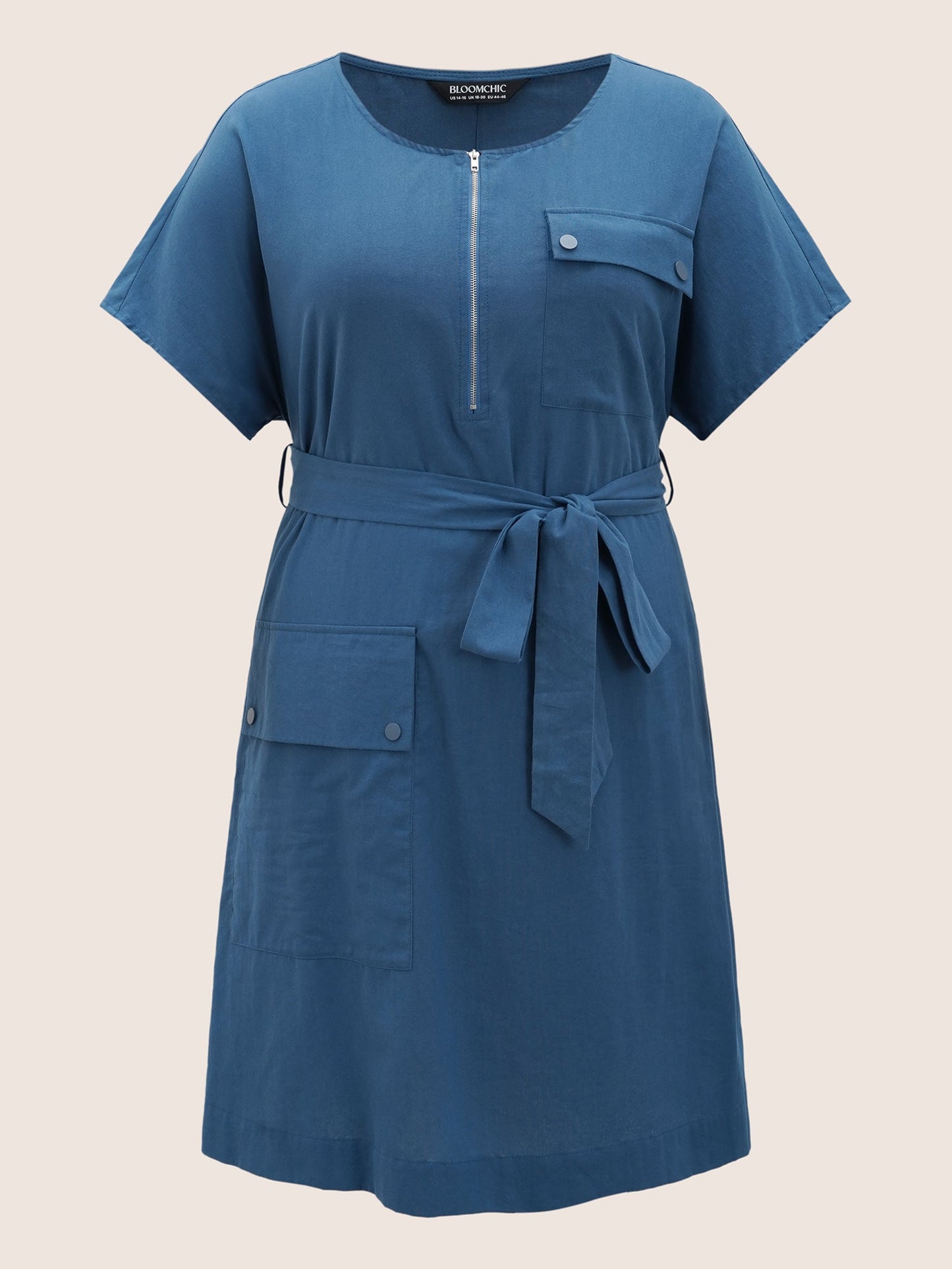 Round Neck Half Zip Flap Detail Belted Dress