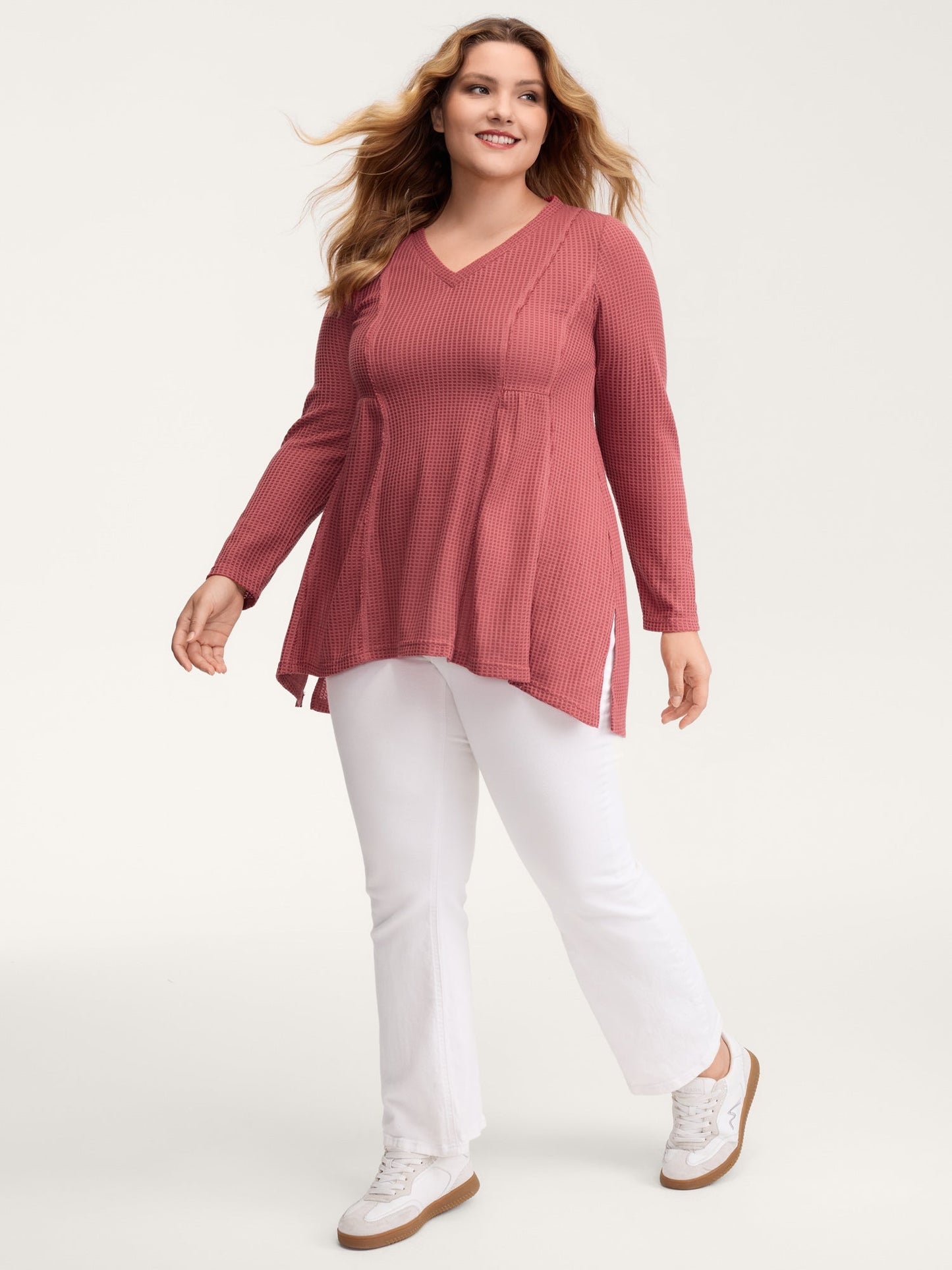 Waffle Grid Side Slit Flared T-Shirt
