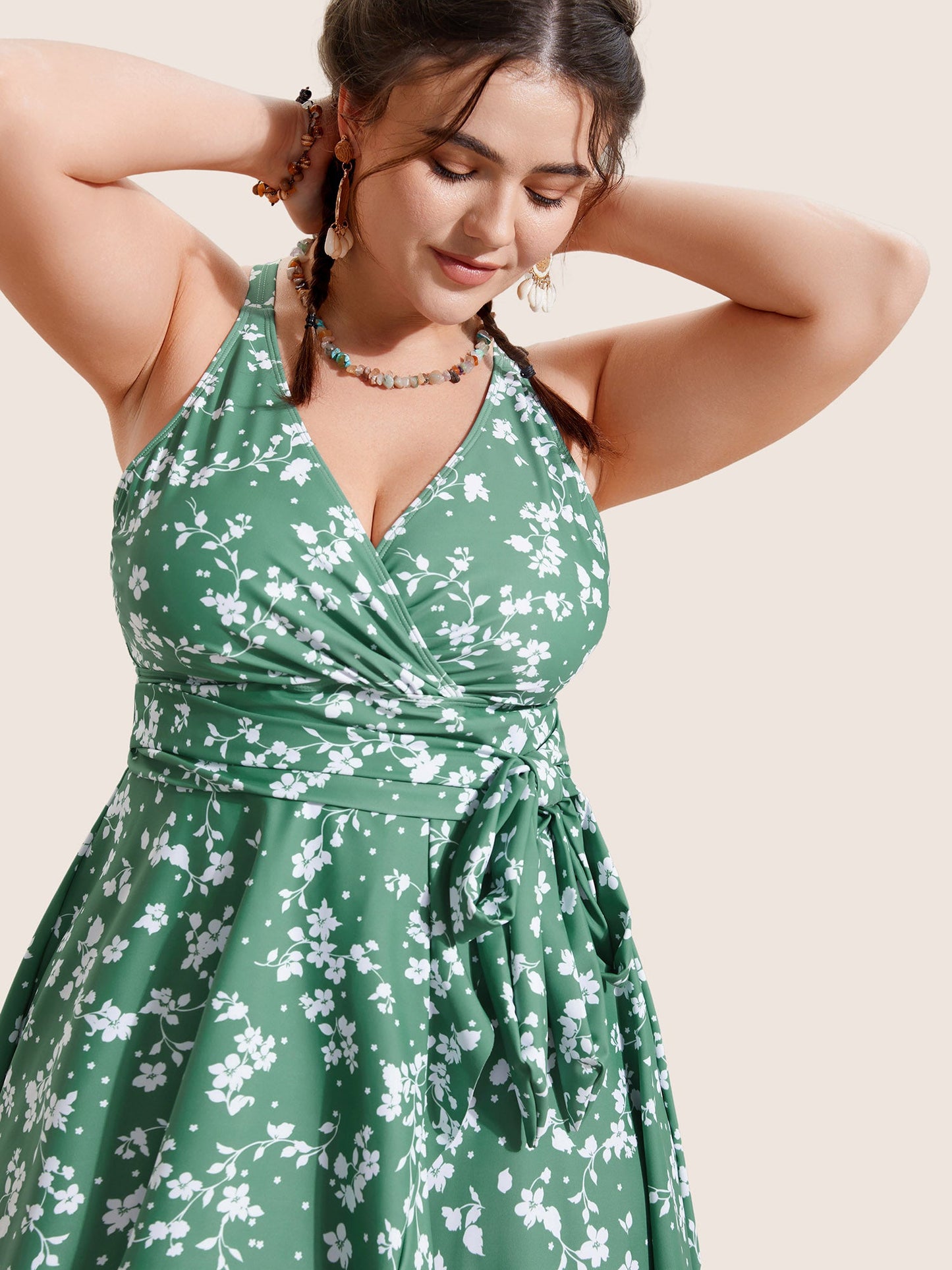 Ditsy Floral Overlap Collar Tie Knot Swim Dress