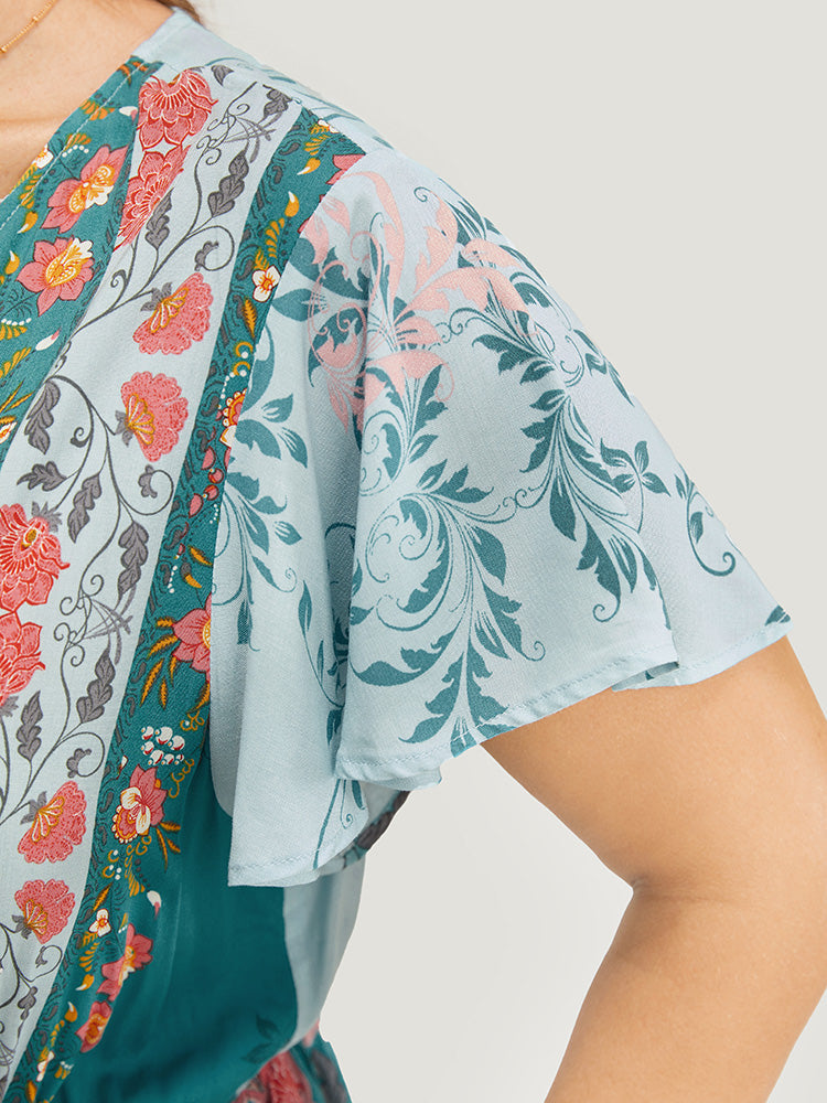 Bandana Print Ruffle Sleeve Pocket Tie Neck Tassels Dress