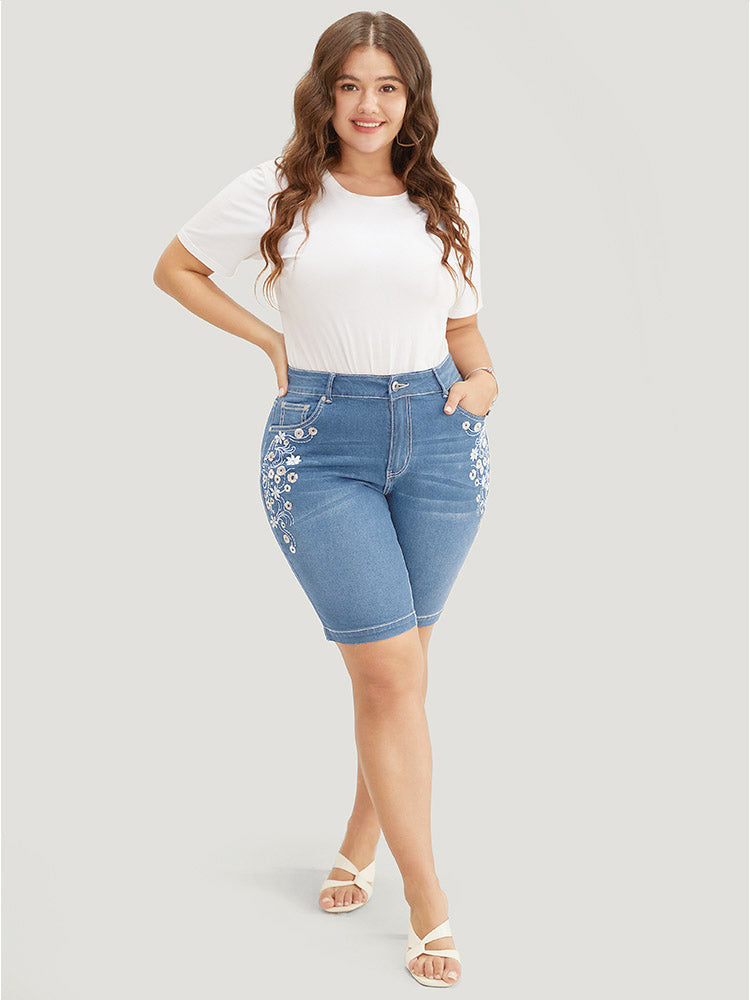 Very Stretchy High Rise Dark Wash Floral Embroidered Denim Shorts