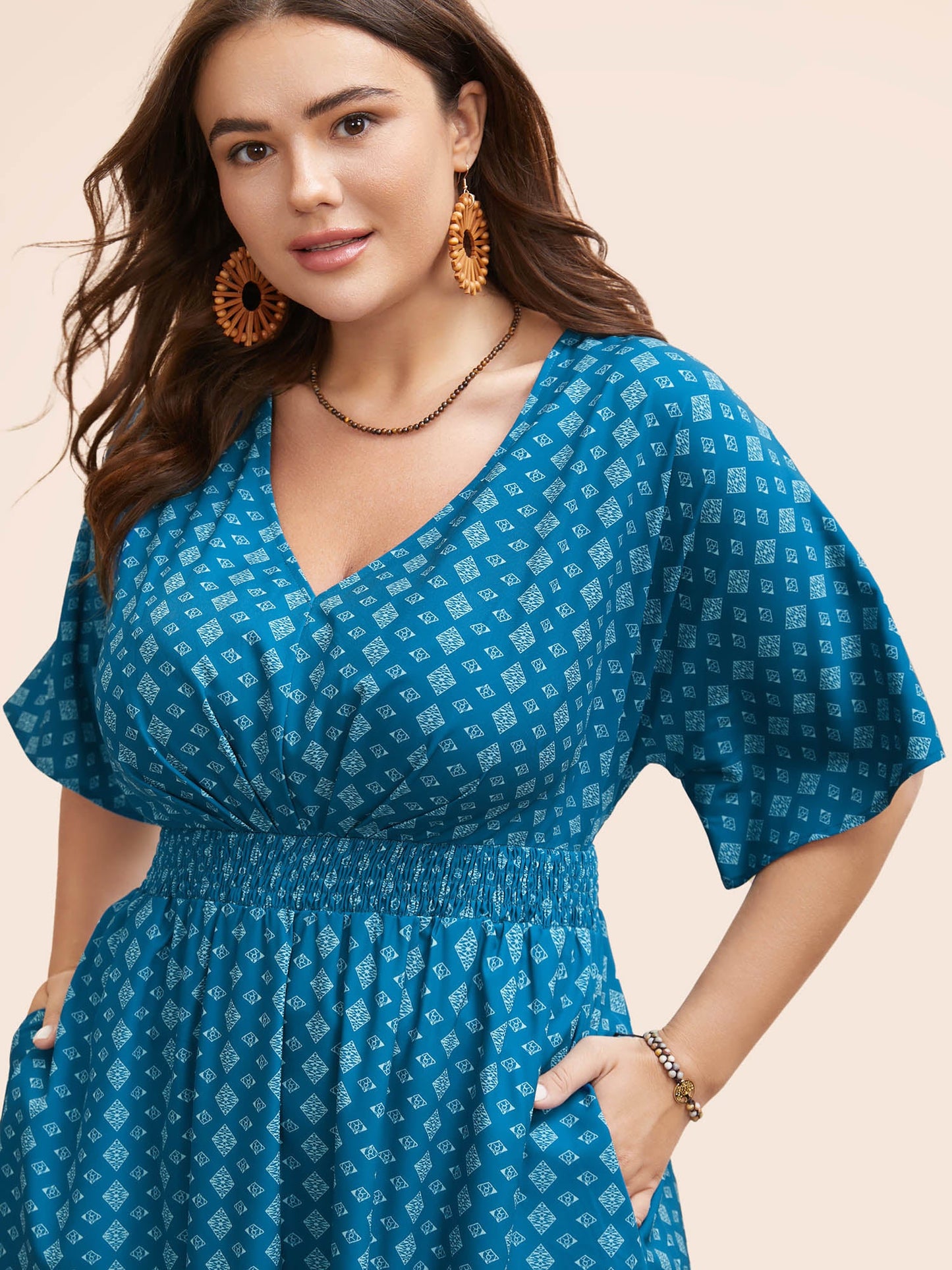 Boho Print Shirred Pleated Dolman Sleeve Dress