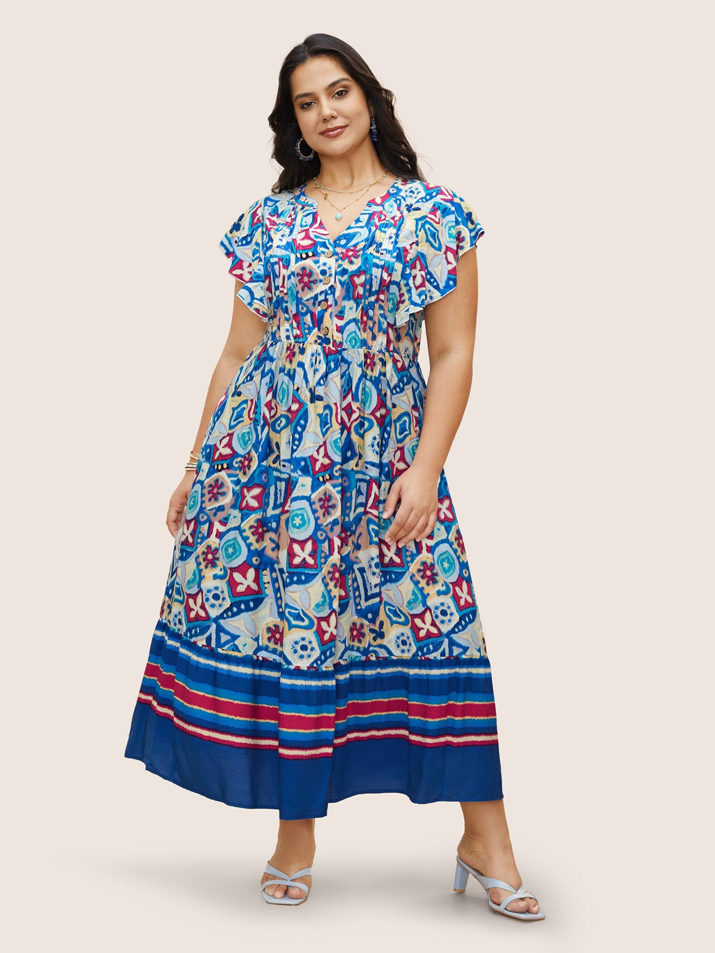 Boho Print Pleated Ruffle Sleeve Dress