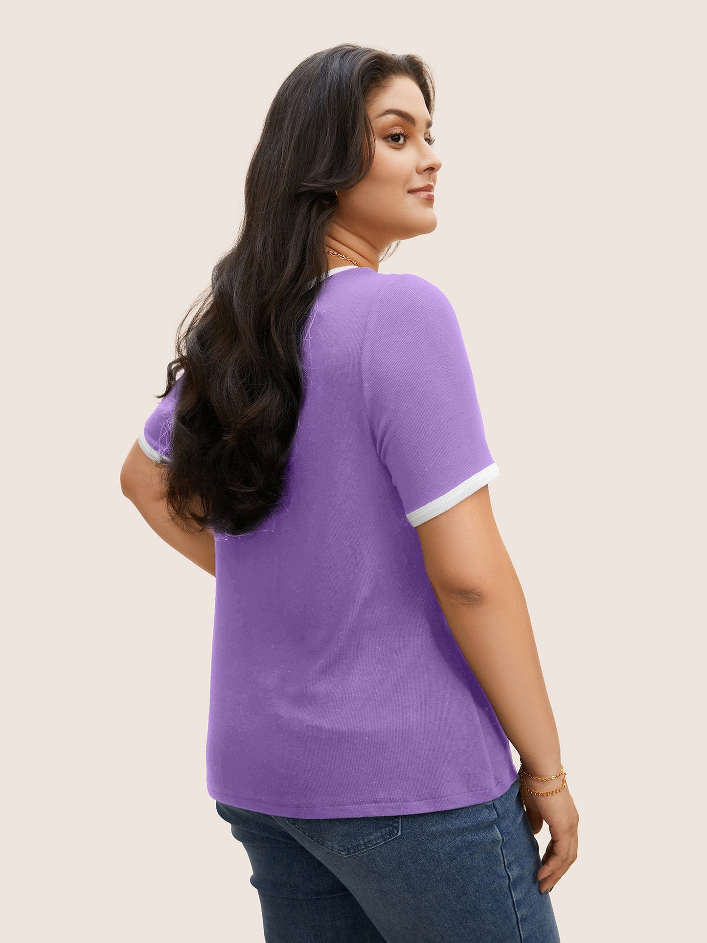 Asymmetrical Neck Contrast Trim Pit Strip T-shirt