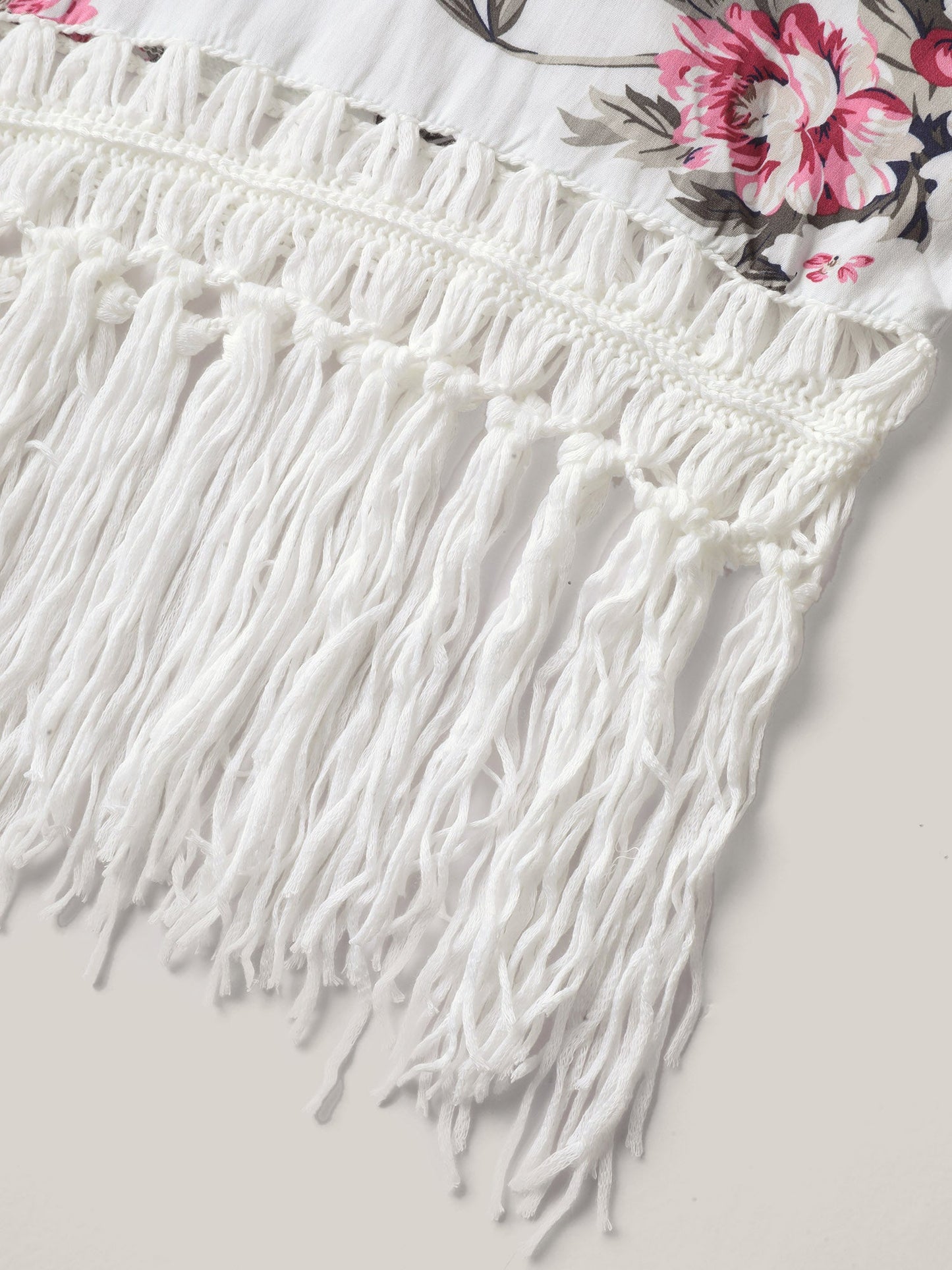 Floral Print Crochet Fringe Hem Swim Cover-Up